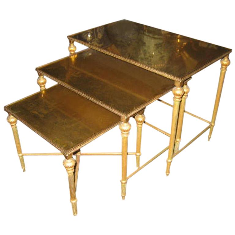 Set of Three French, Gold Mirror Topped Nesting Tables For Sale