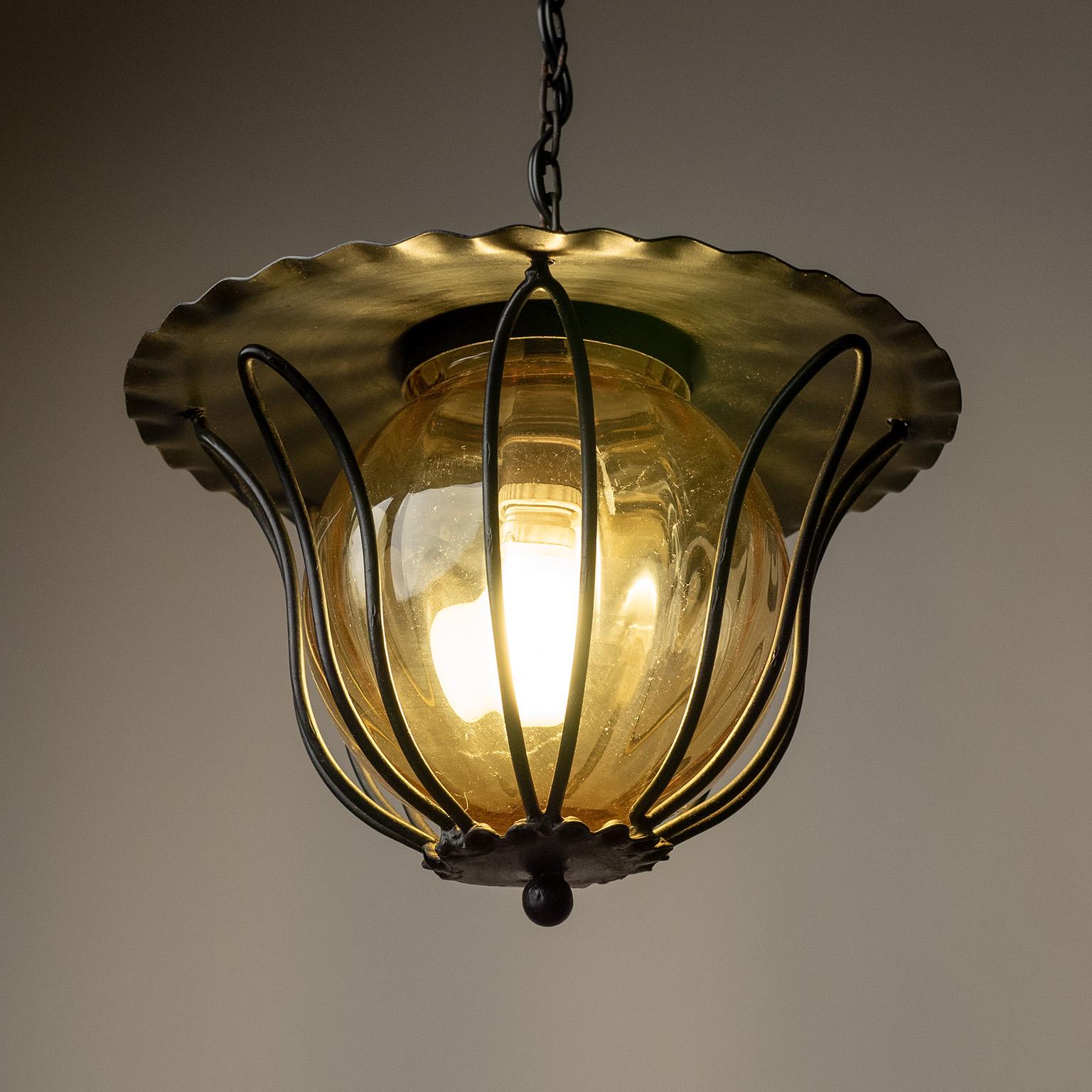 Mid-Century Modern Set of Three French Lanterns, circa 1960, Iron and Amber Glass