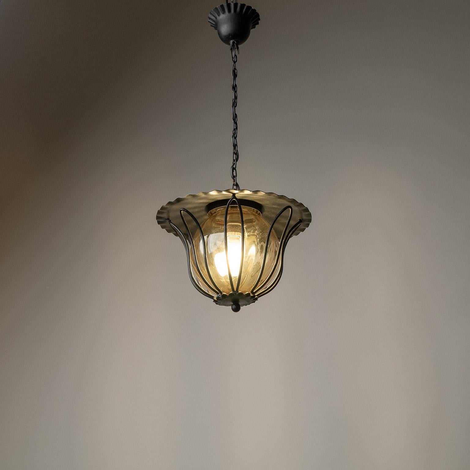 Lacquered Set of Three French Lanterns, circa 1960, Iron and Amber Glass