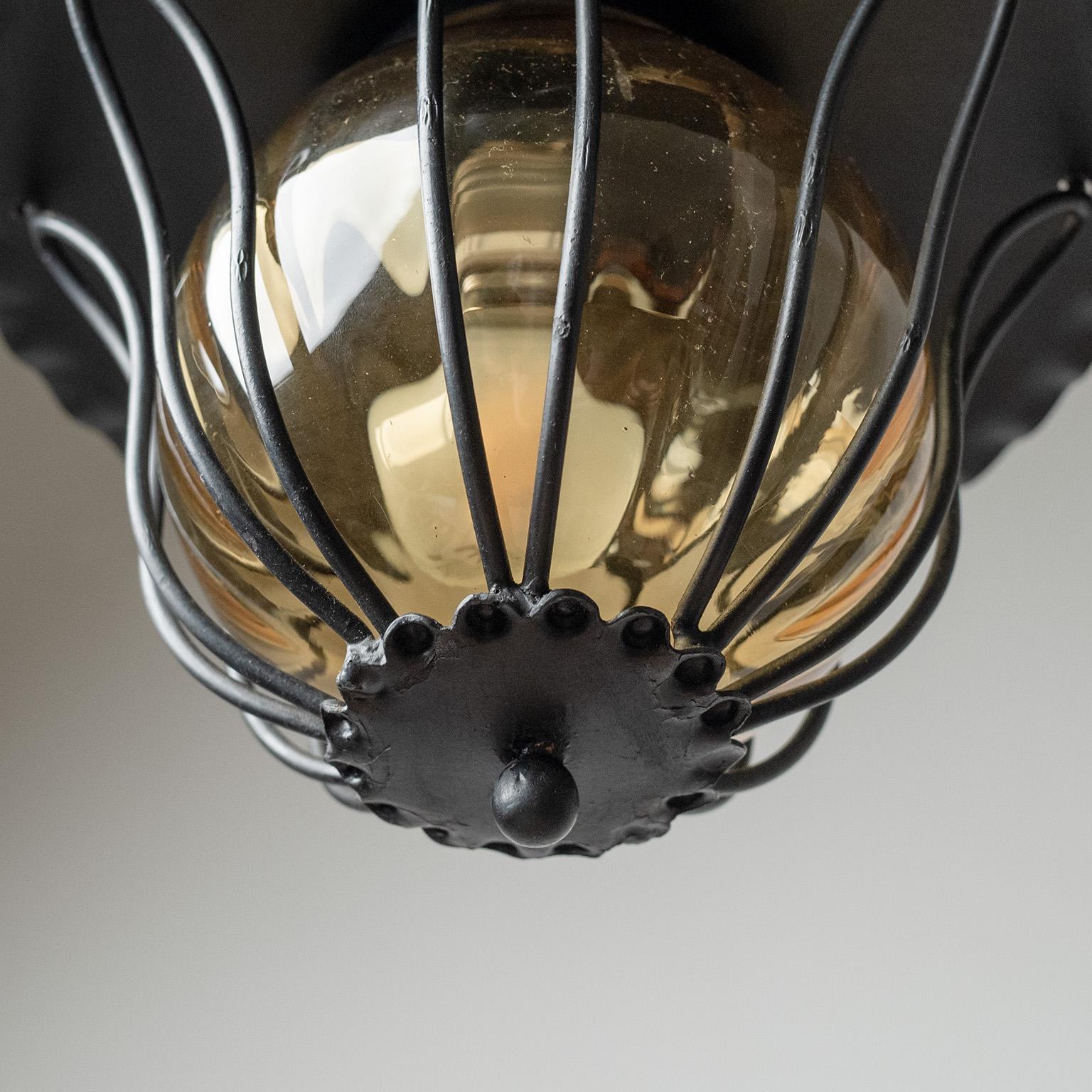 Set of Three French Lanterns, circa 1960, Iron and Amber Glass In Good Condition In Vienna, AT