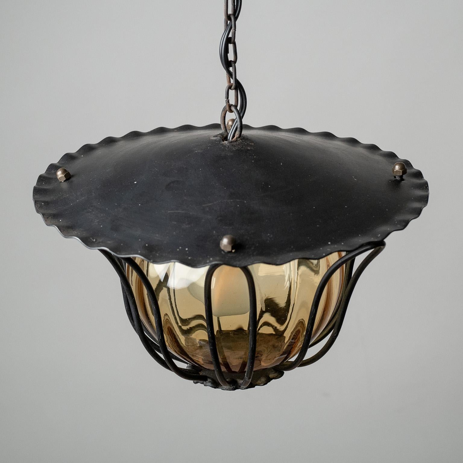 Mid-20th Century Set of Three French Lanterns, circa 1960, Iron and Amber Glass