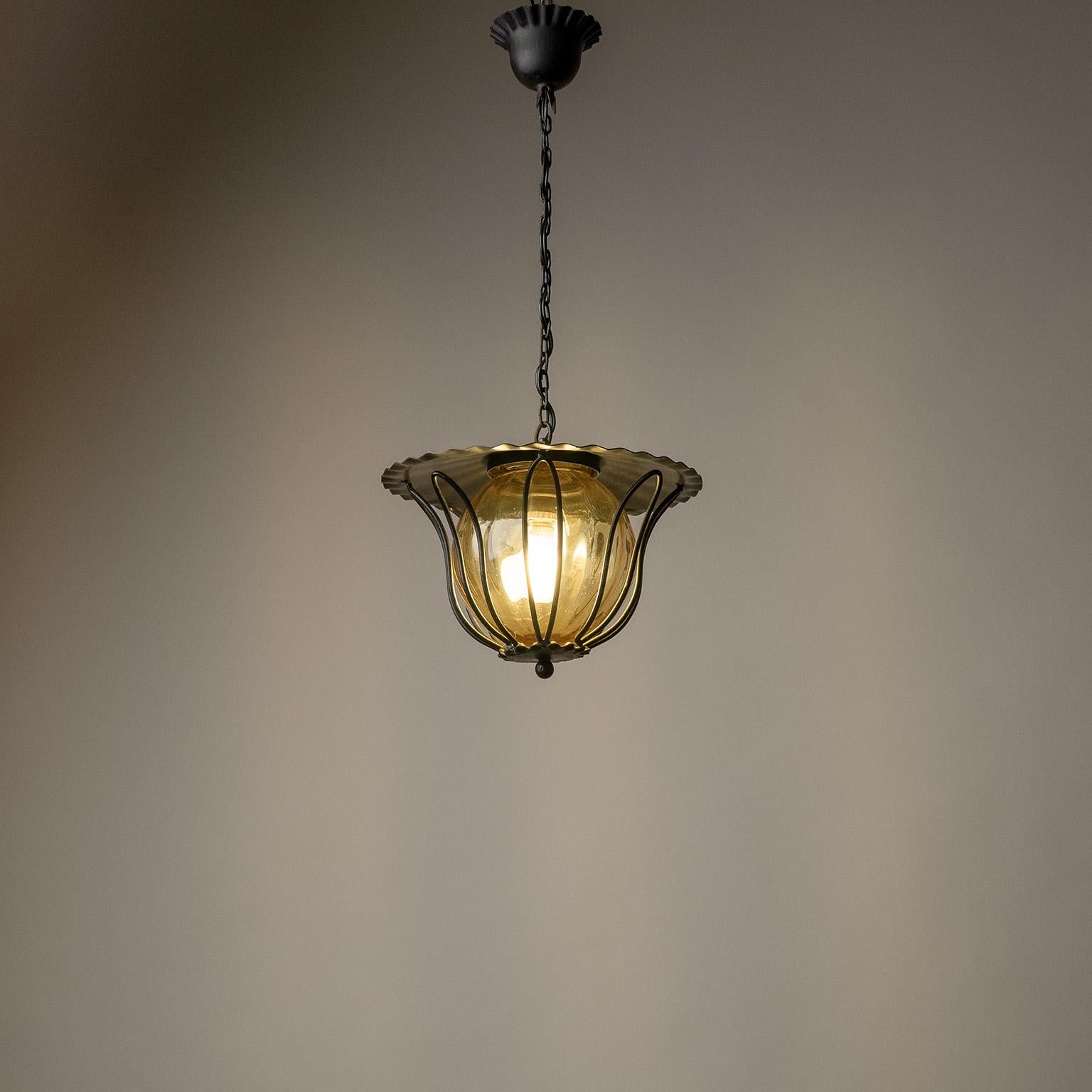 Set of Three French Lanterns, circa 1960, Iron and Amber Glass 2