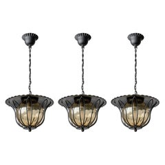 Set of Three French Lanterns, circa 1960, Iron and Amber Glass