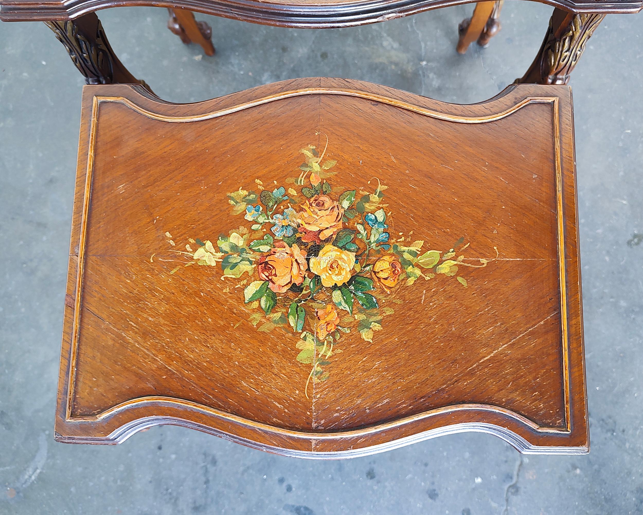 Set of Three French Louis XV Style Hand Painted Floral Nesting Tables For Sale 4