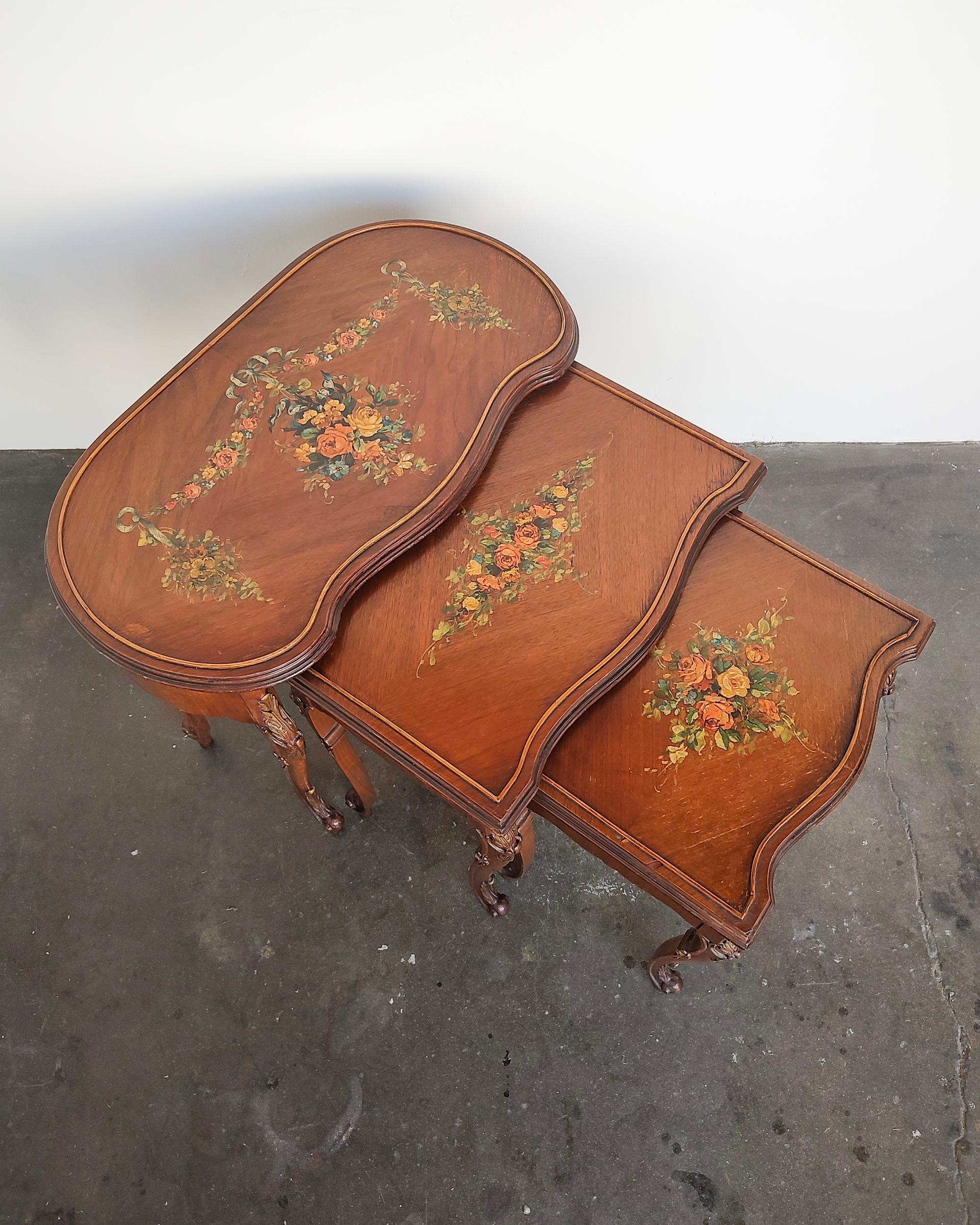 Unknown Set of Three French Louis XV Style Hand Painted Floral Nesting Tables For Sale