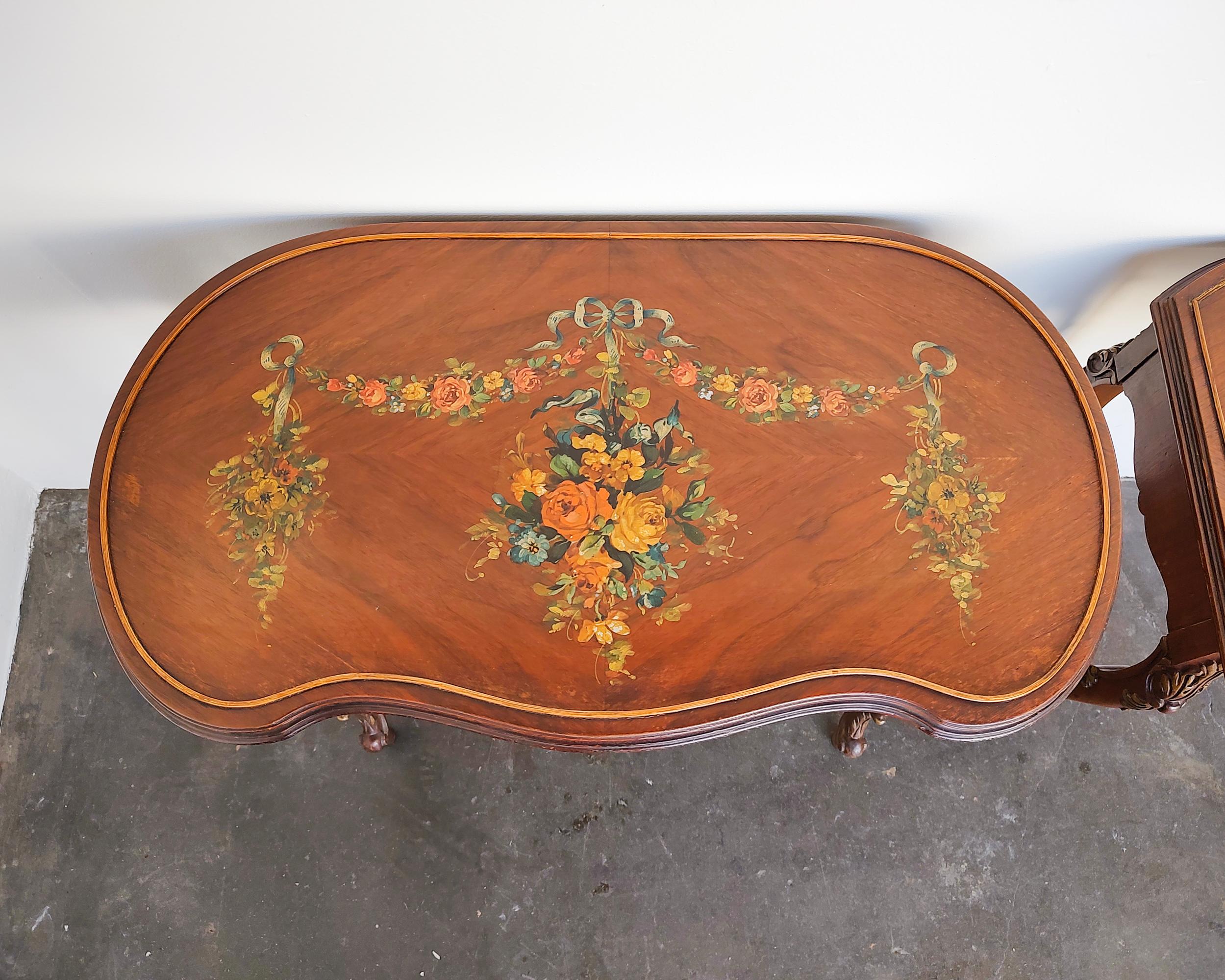 20th Century Set of Three French Louis XV Style Hand Painted Floral Nesting Tables For Sale