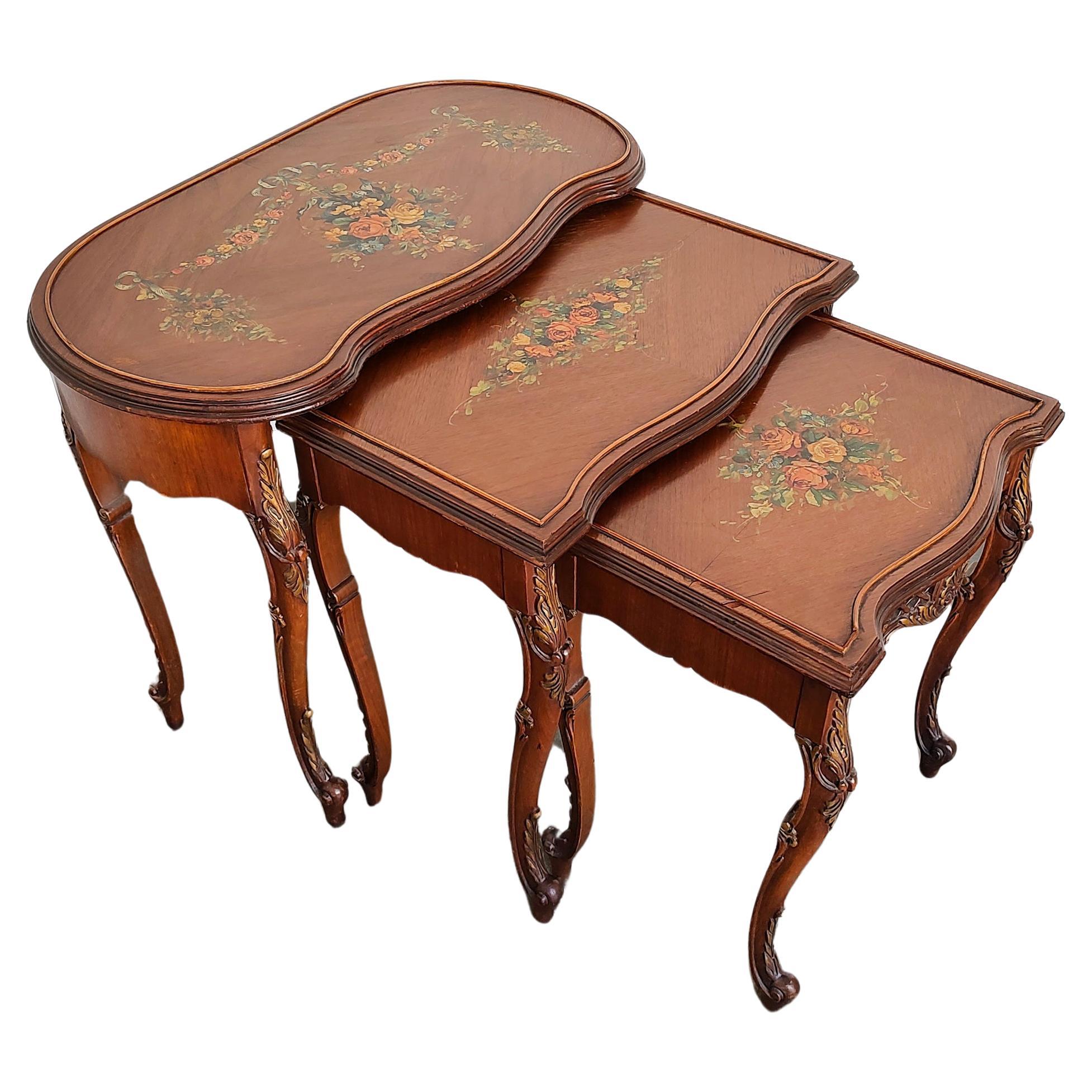 Set of Three French Louis XV Style Hand Painted Floral Nesting Tables