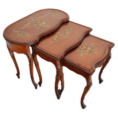 Set of Three French Louis XV Style Hand Painted Floral Nesting Tables