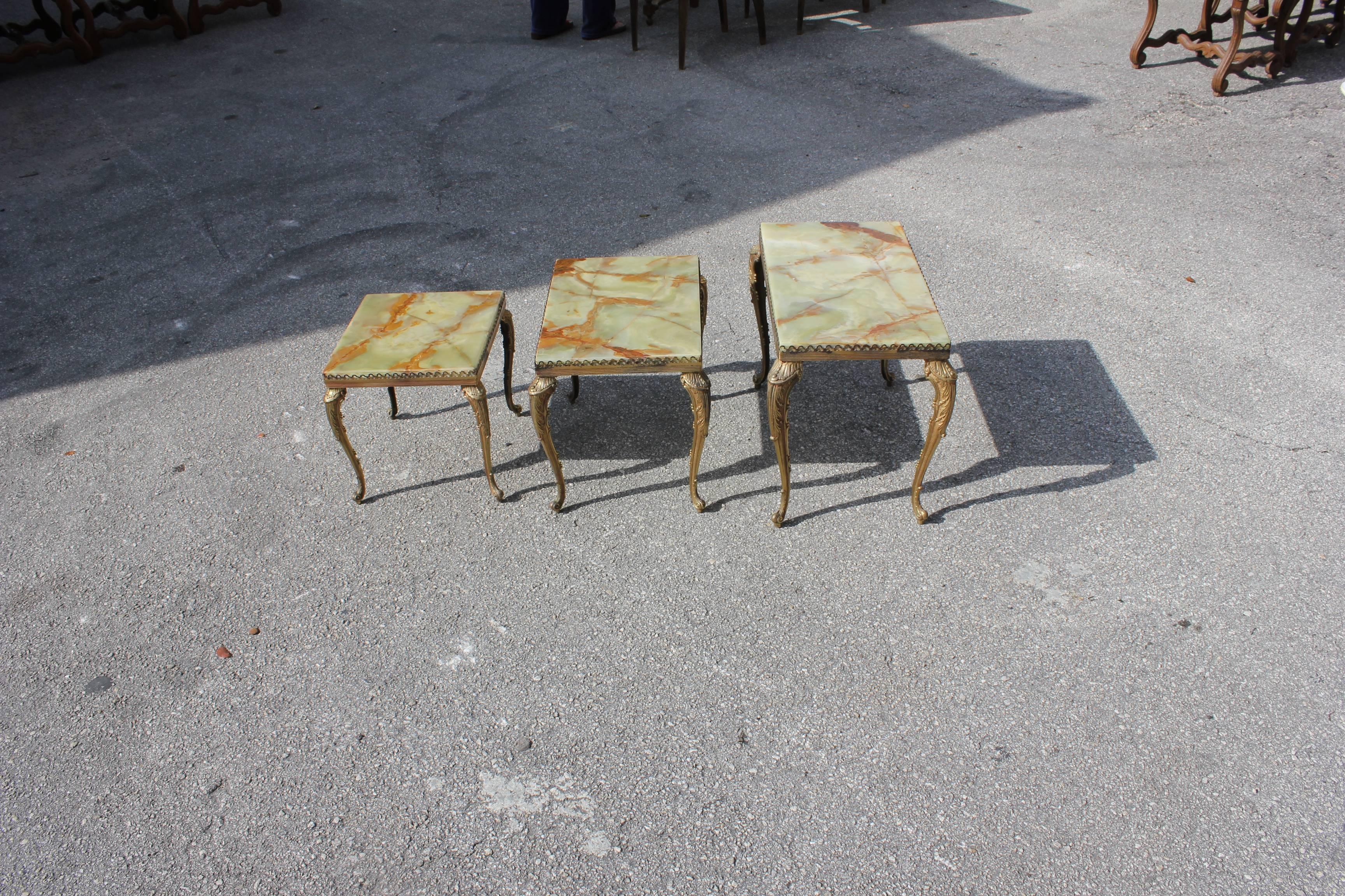 Art Deco Set of Three French Maison Jansen Bronze Onyx Top Nesting Tables, circa 1940s