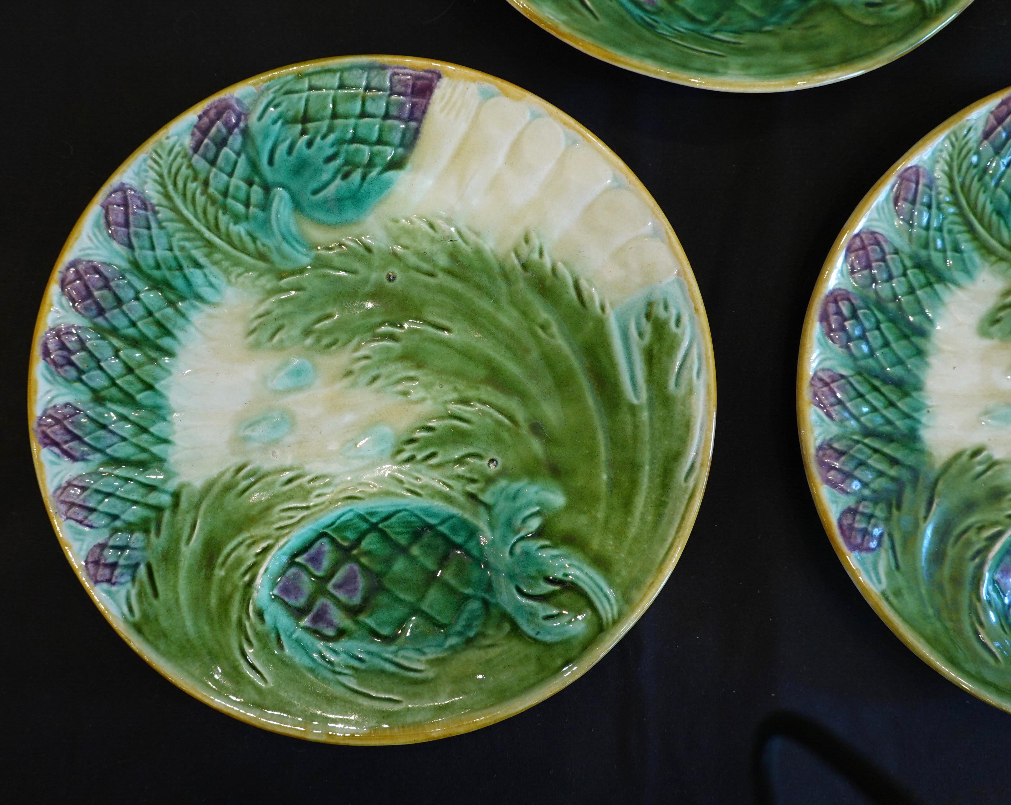 Glazed Set of Three French Majolica Asparagus Plates by Saint Amand For Sale