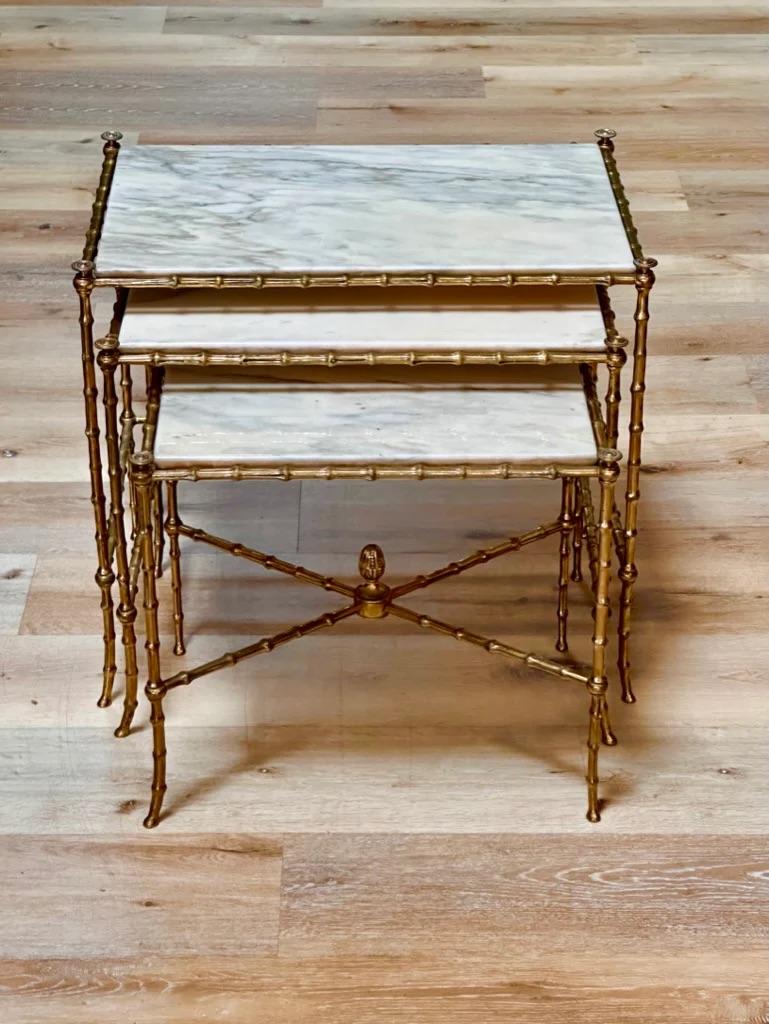 Mid-Century Modern Set of Three French Mid-Century Faux-Bamboo Nesting Tables, gilt and marble