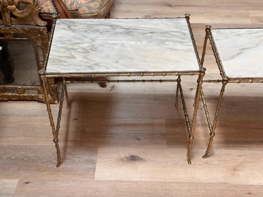 Set of Three French Mid-Century Faux-Bamboo Nesting Tables, gilt and marble In Good Condition In Charlottesville, VA