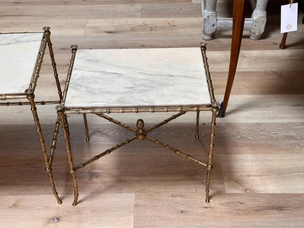 20th Century Set of Three French Mid-Century Faux-Bamboo Nesting Tables, gilt and marble
