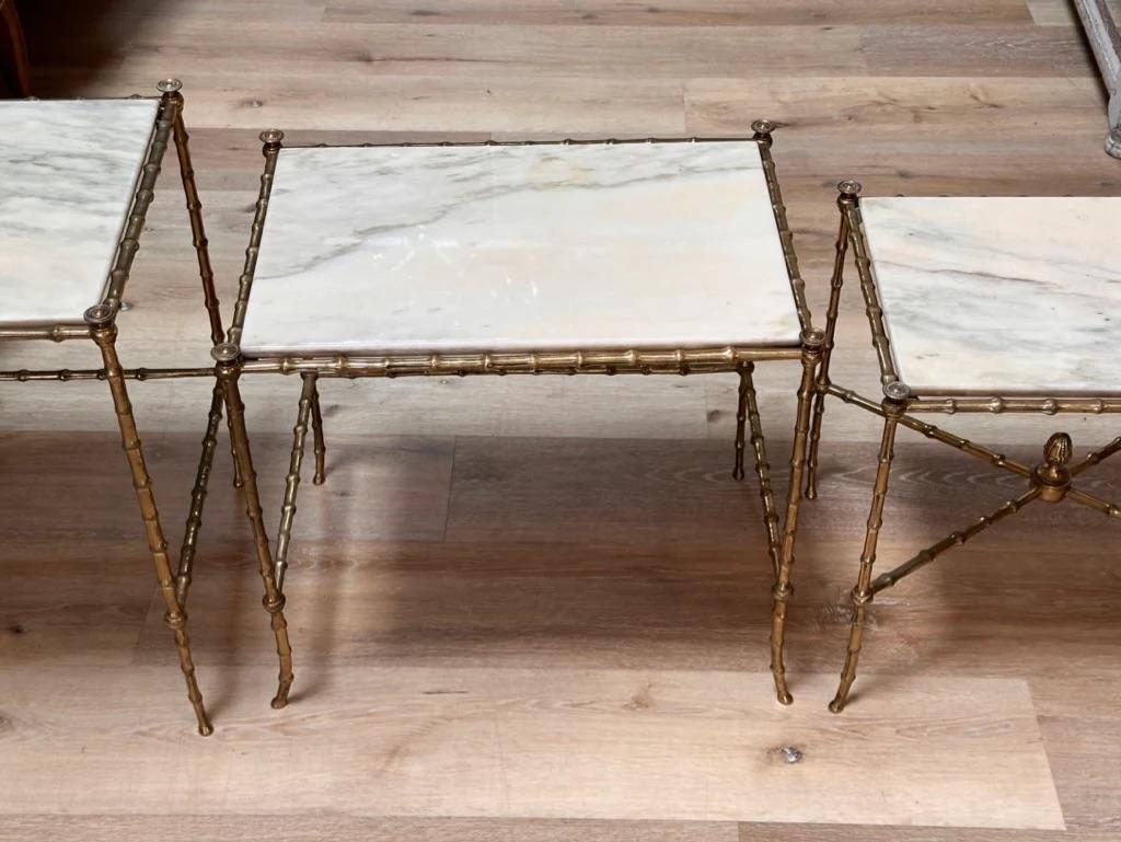 Set of Three French Mid-Century Faux-Bamboo Nesting Tables, gilt and marble 1
