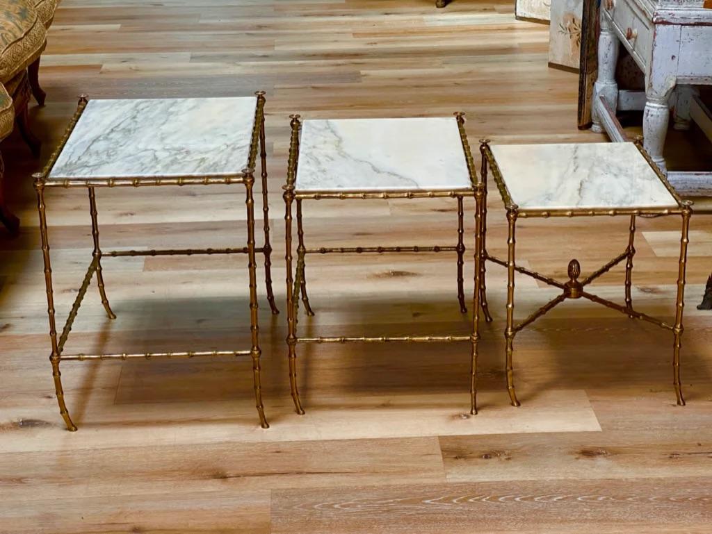 Set of Three French Mid-Century Faux-Bamboo Nesting Tables, gilt and marble 2