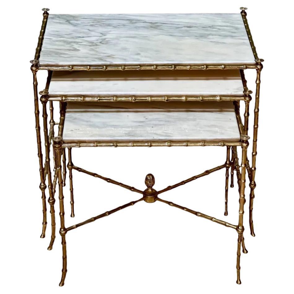 Set of Three French Mid-Century Faux-Bamboo Nesting Tables, gilt and marble