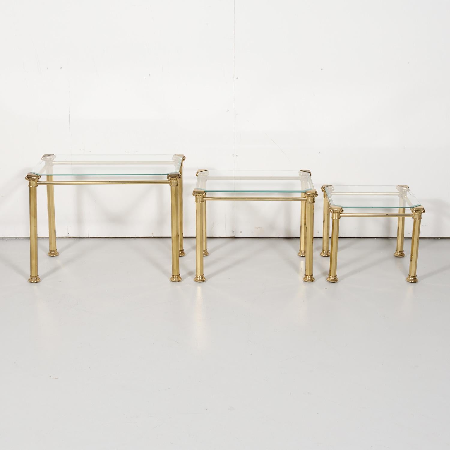 Set of Three French Mid-Century Modern Brass and Glass Nesting Tables by Maison 7