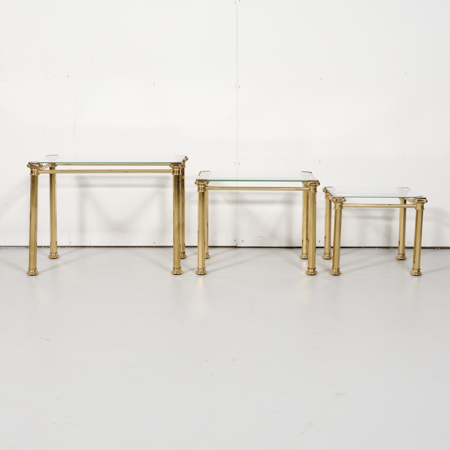 Set of Three French Mid-Century Modern Brass and Glass Nesting Tables by Maison 8