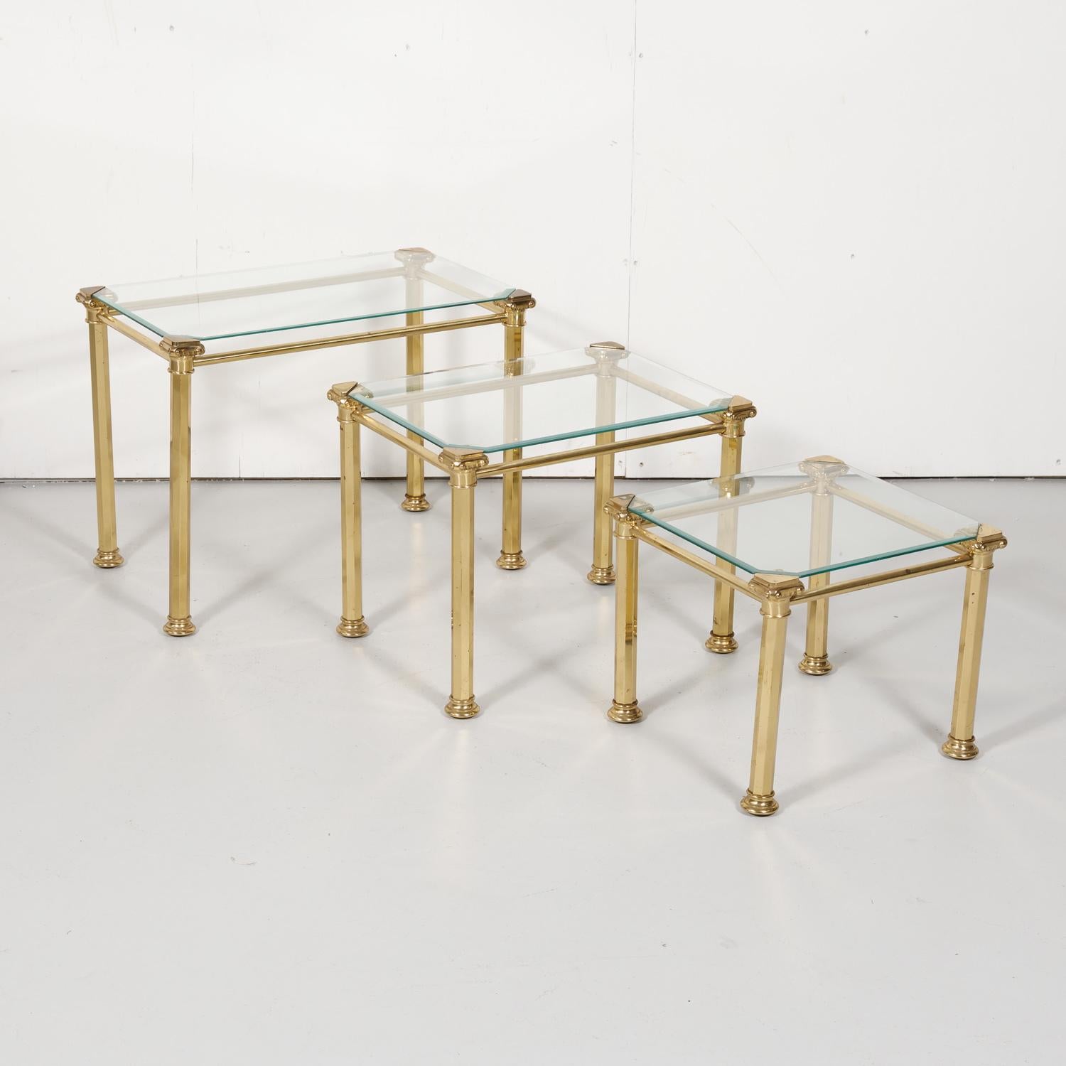 Set of Three French Mid-Century Modern Brass and Glass Nesting Tables by Maison 9