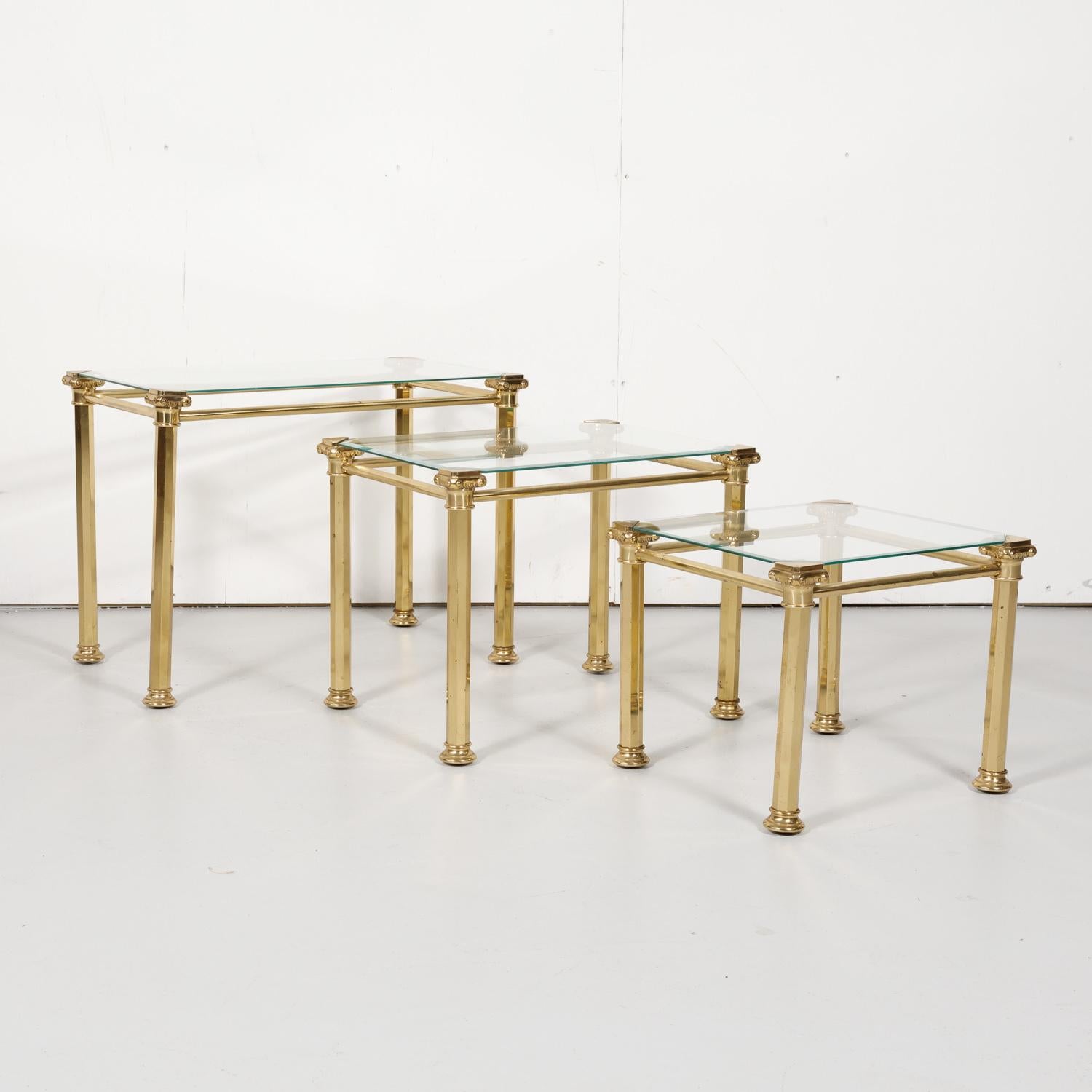 Set of Three French Mid-Century Modern Brass and Glass Nesting Tables by Maison 10