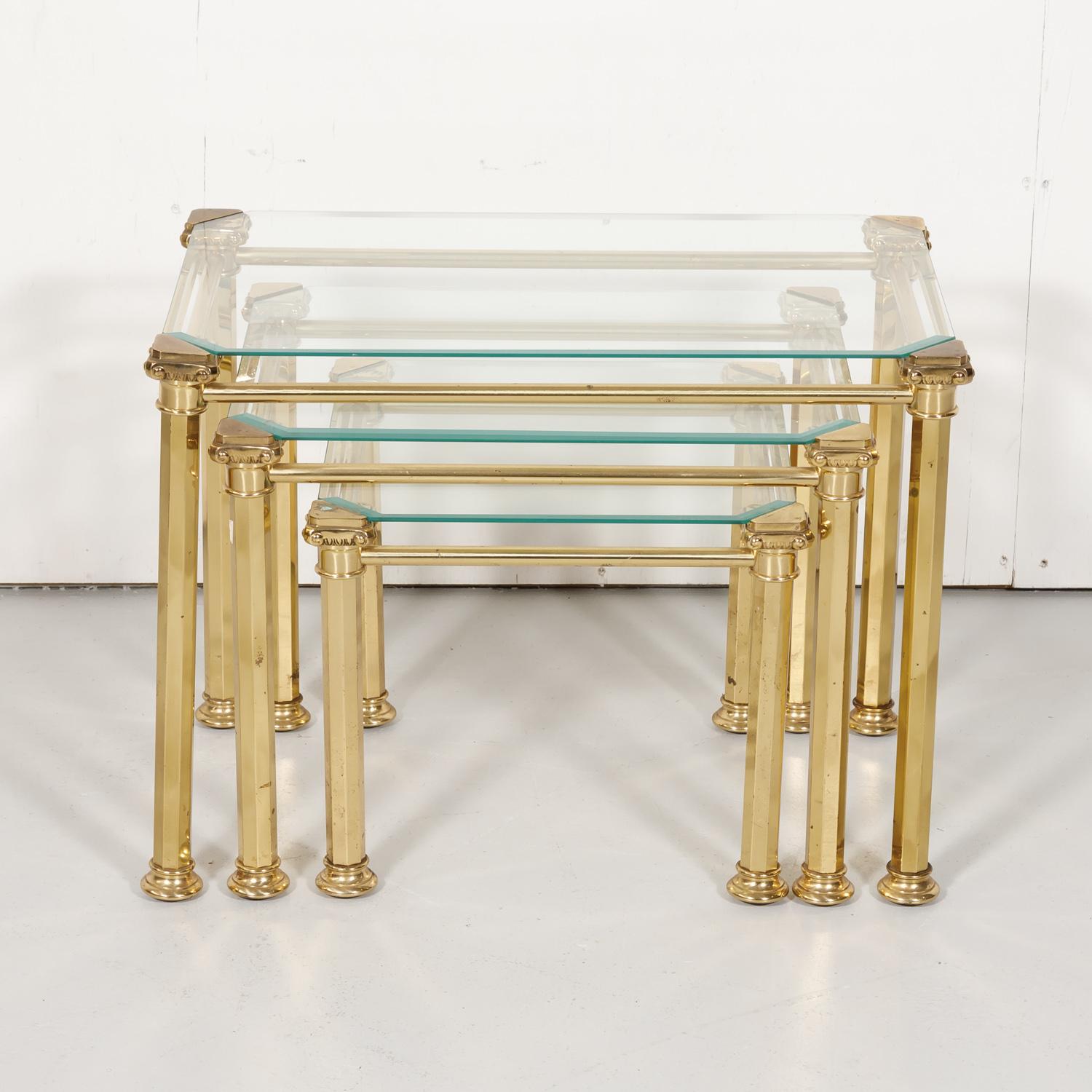 Mid-20th Century Set of Three French Mid-Century Modern Brass and Glass Nesting Tables by Maison