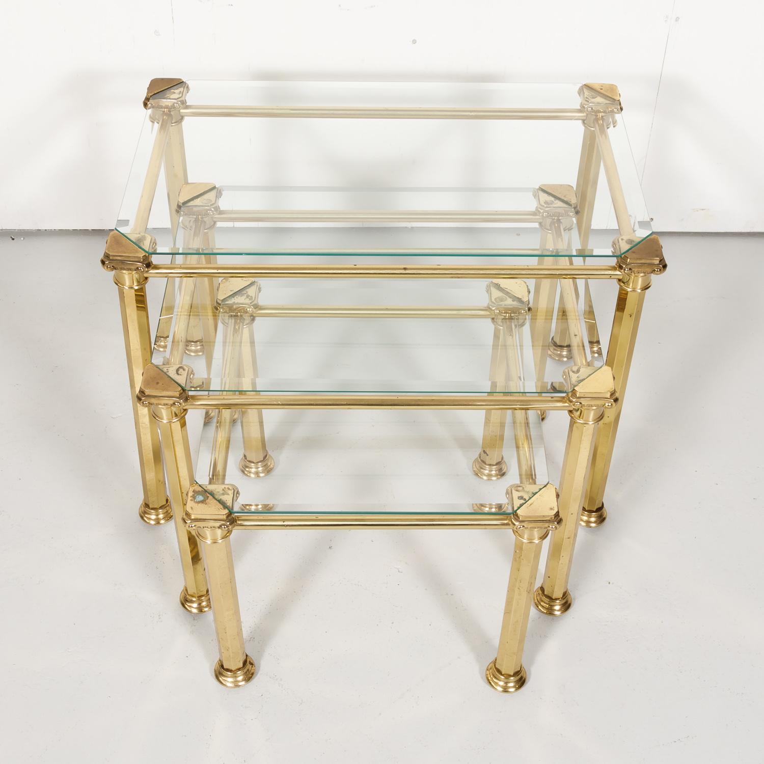 Set of Three French Mid-Century Modern Brass and Glass Nesting Tables by Maison 1