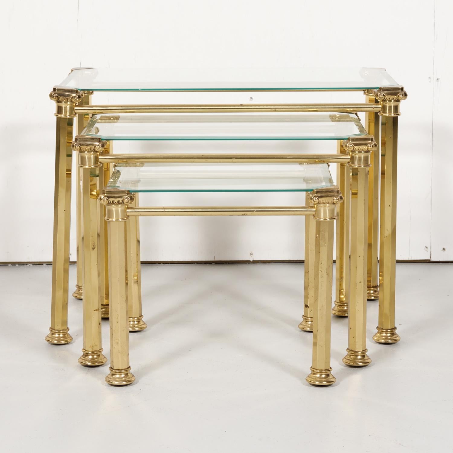 Set of Three French Mid-Century Modern Brass and Glass Nesting Tables by Maison 2
