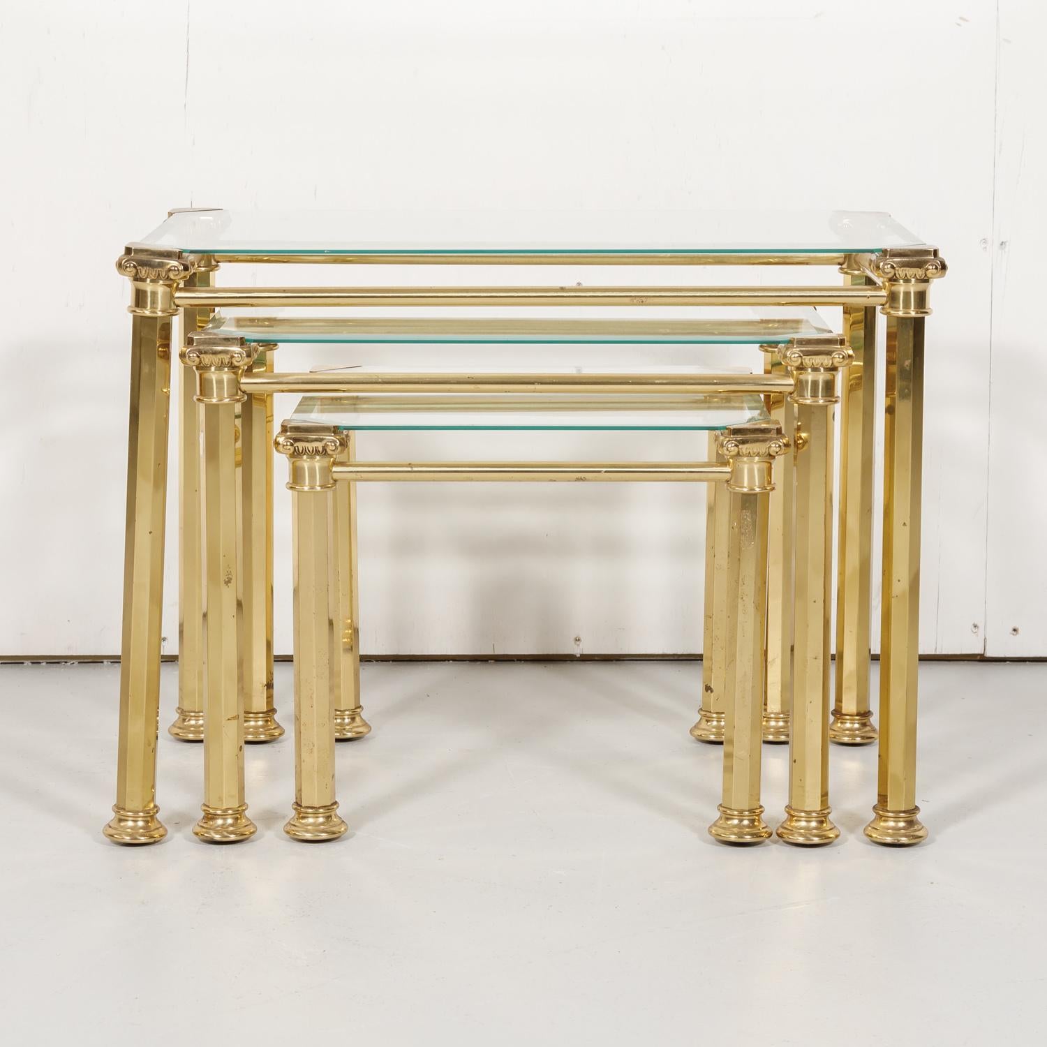 Set of Three French Mid-Century Modern Brass and Glass Nesting Tables by Maison 3