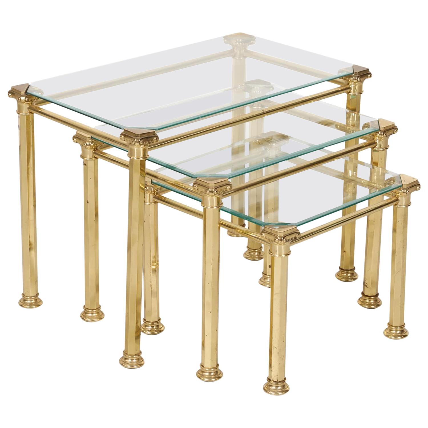 Set of Three French Mid-Century Modern Brass and Glass Nesting Tables by Maison
