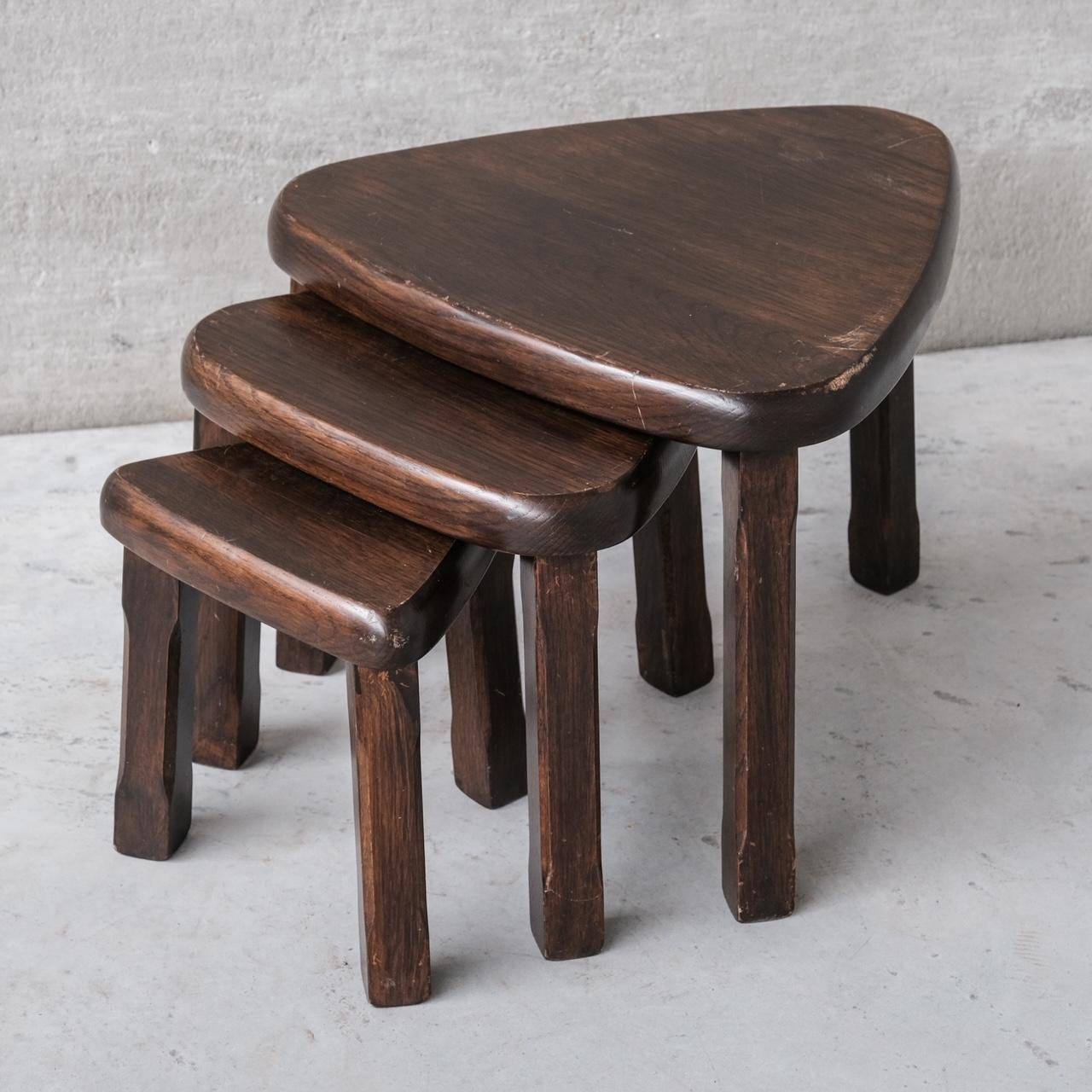 Wood Set of Three French Mid-Century Oak Nesting Tables in Manner of Chapo For Sale