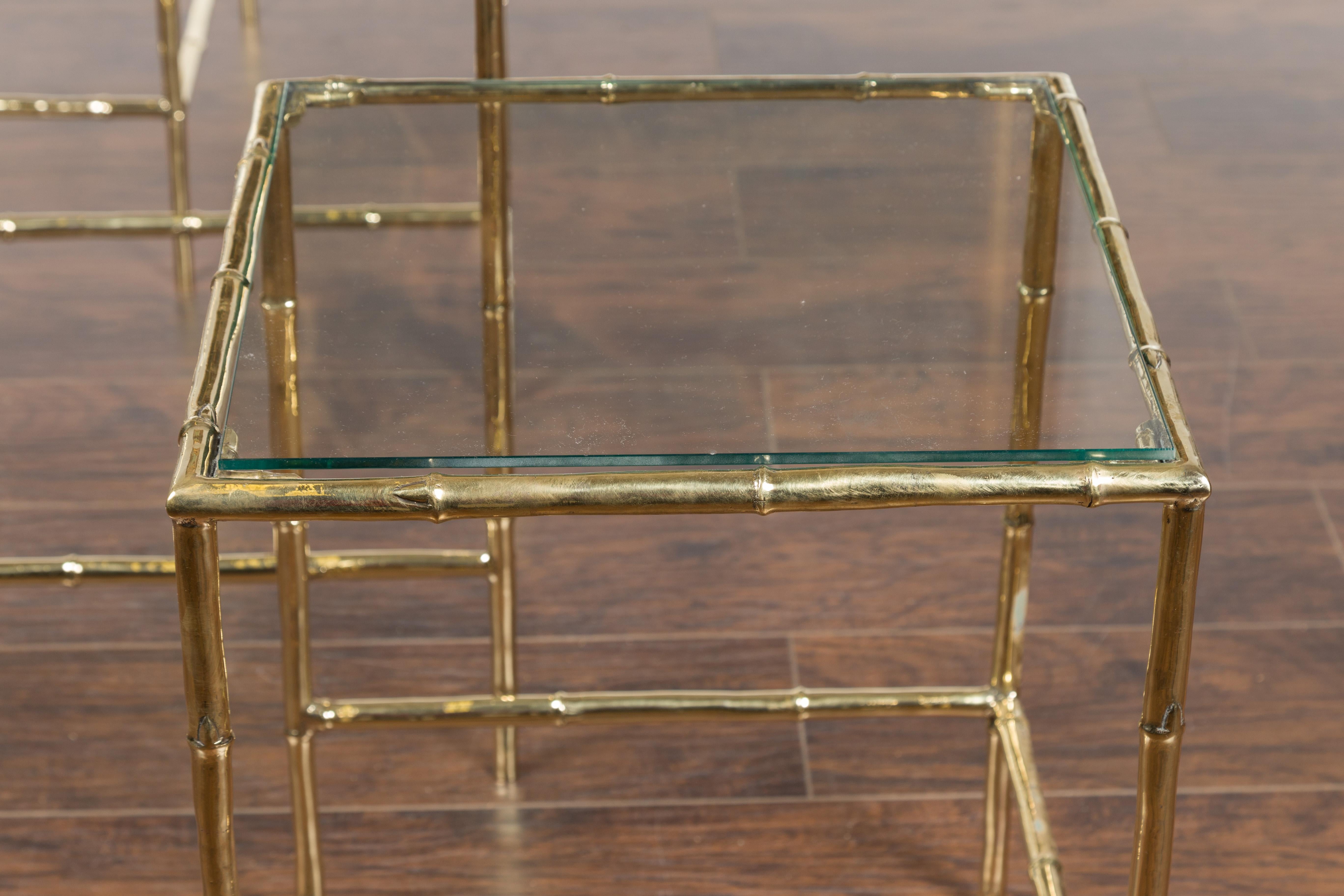 Set of Three French Midcentury Faux-Bamboo Brass and Glass Tops Nesting Tables For Sale 5