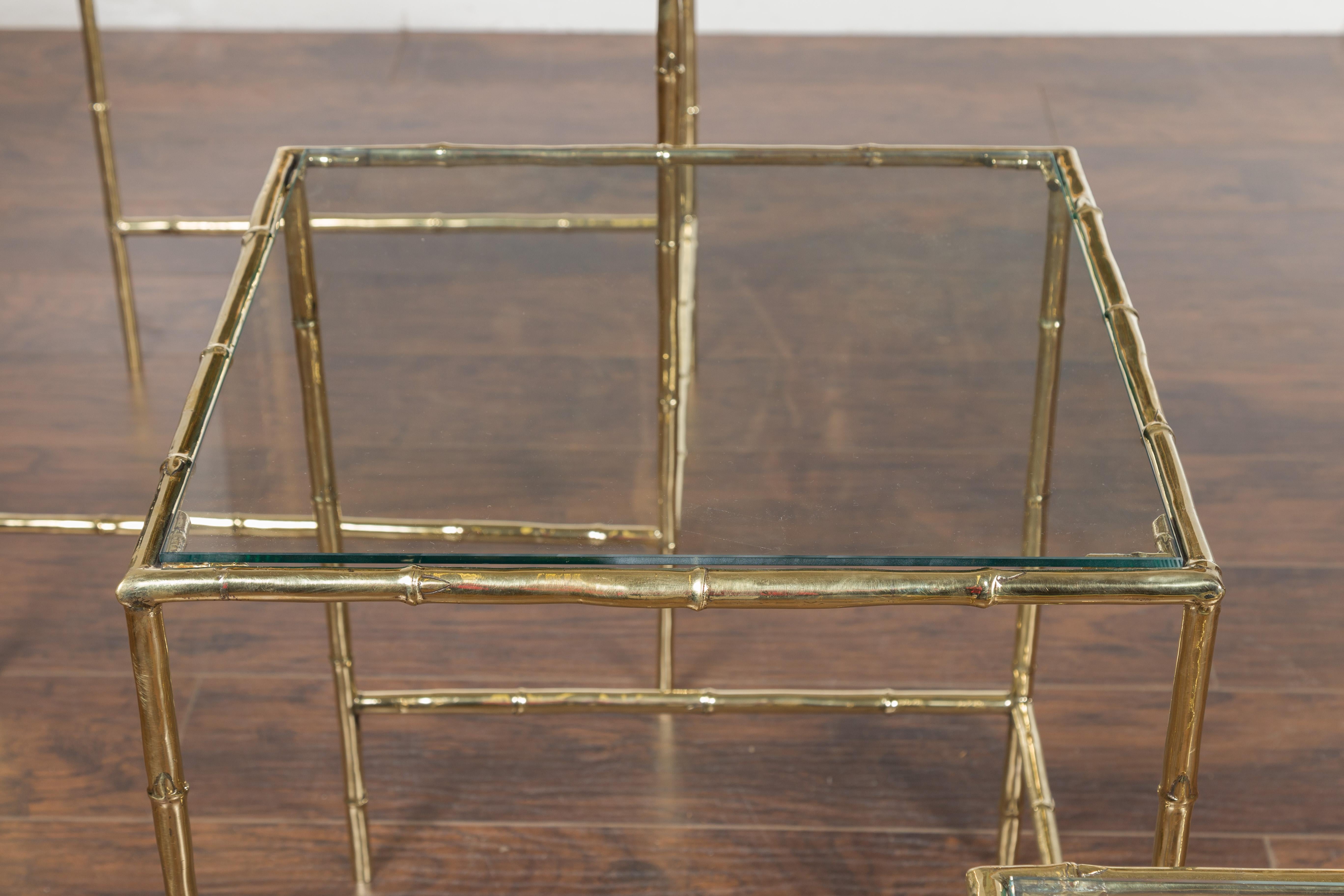 Set of Three French Midcentury Faux-Bamboo Brass and Glass Tops Nesting Tables For Sale 5