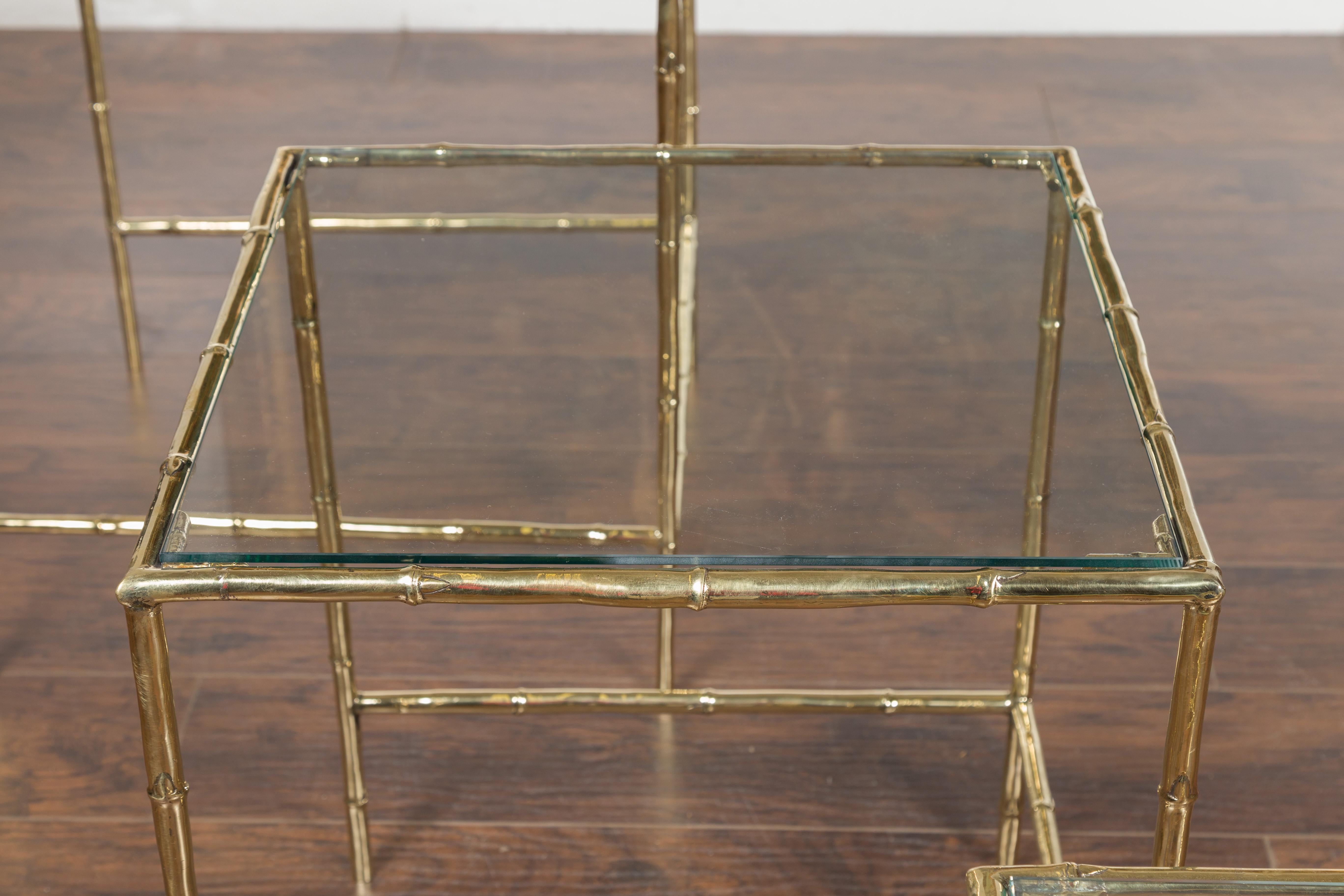 Set of Three French Midcentury Faux-Bamboo Brass and Glass Tops Nesting Tables For Sale 6