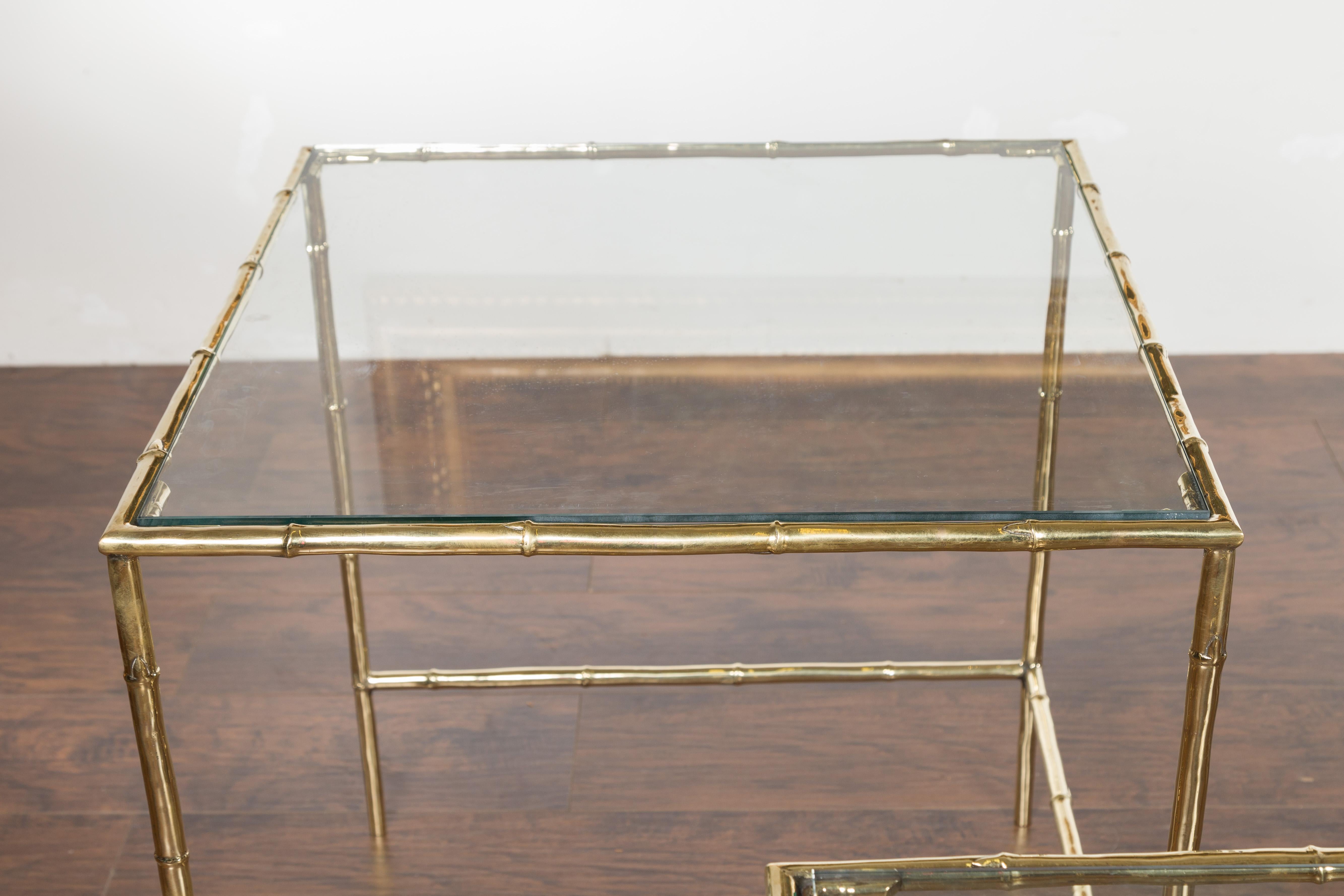 Set of Three French Midcentury Faux-Bamboo Brass and Glass Tops Nesting Tables For Sale 6