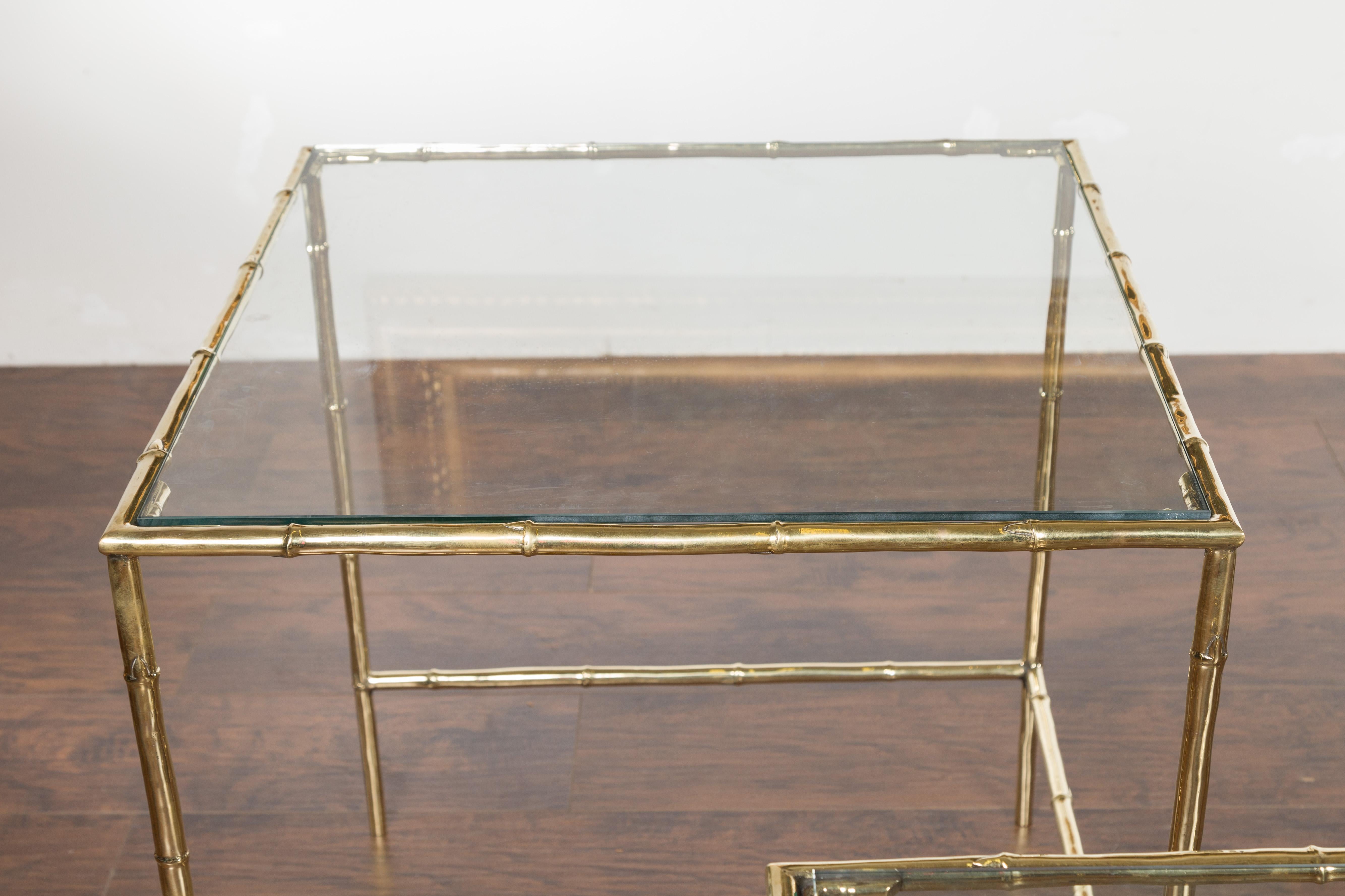 Set of Three French Midcentury Faux-Bamboo Brass and Glass Tops Nesting Tables For Sale 7
