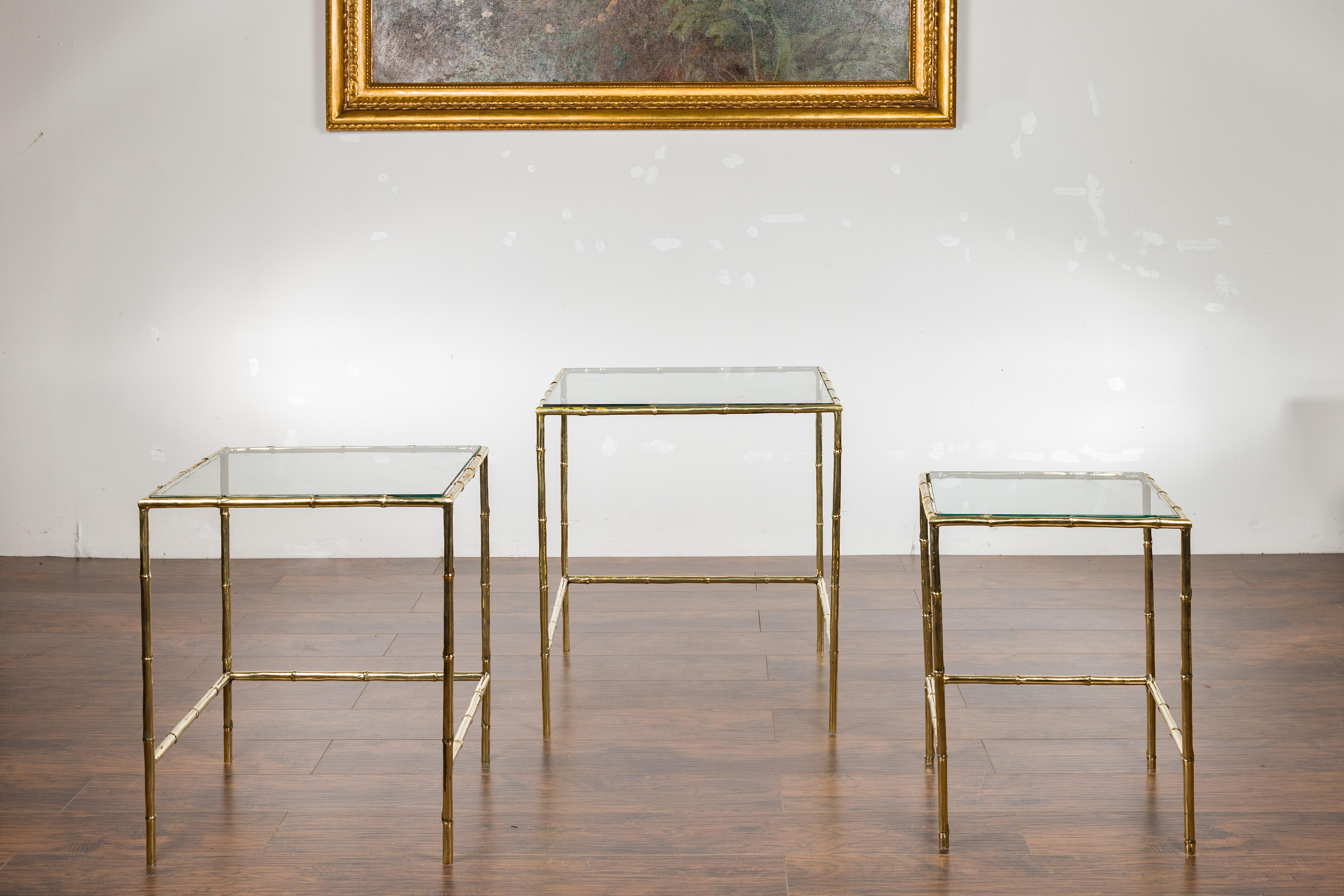 20th Century Set of Three French Midcentury Faux-Bamboo Brass and Glass Tops Nesting Tables For Sale