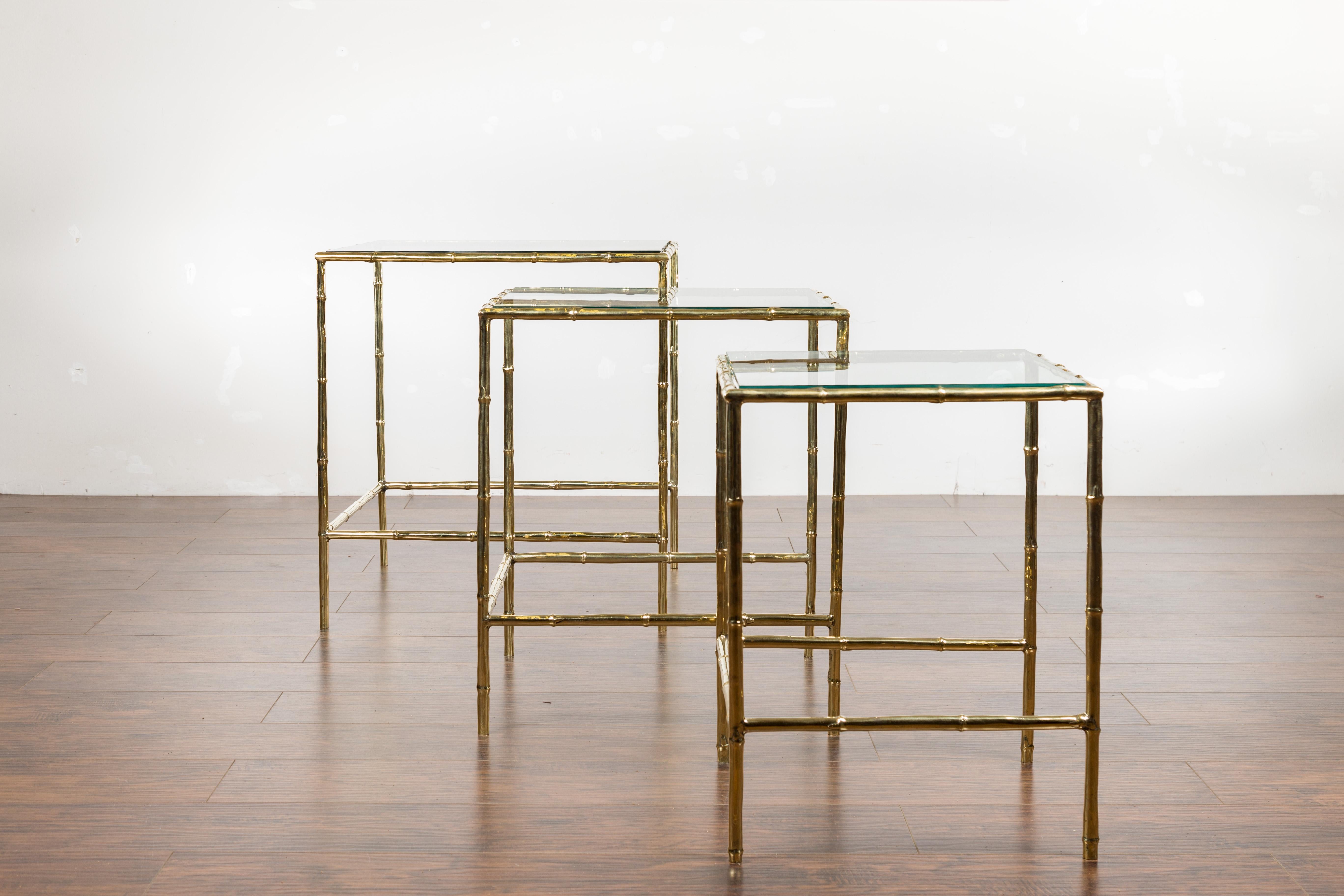 Faux Bamboo Set of Three French Midcentury Faux-Bamboo Brass and Glass Tops Nesting Tables For Sale