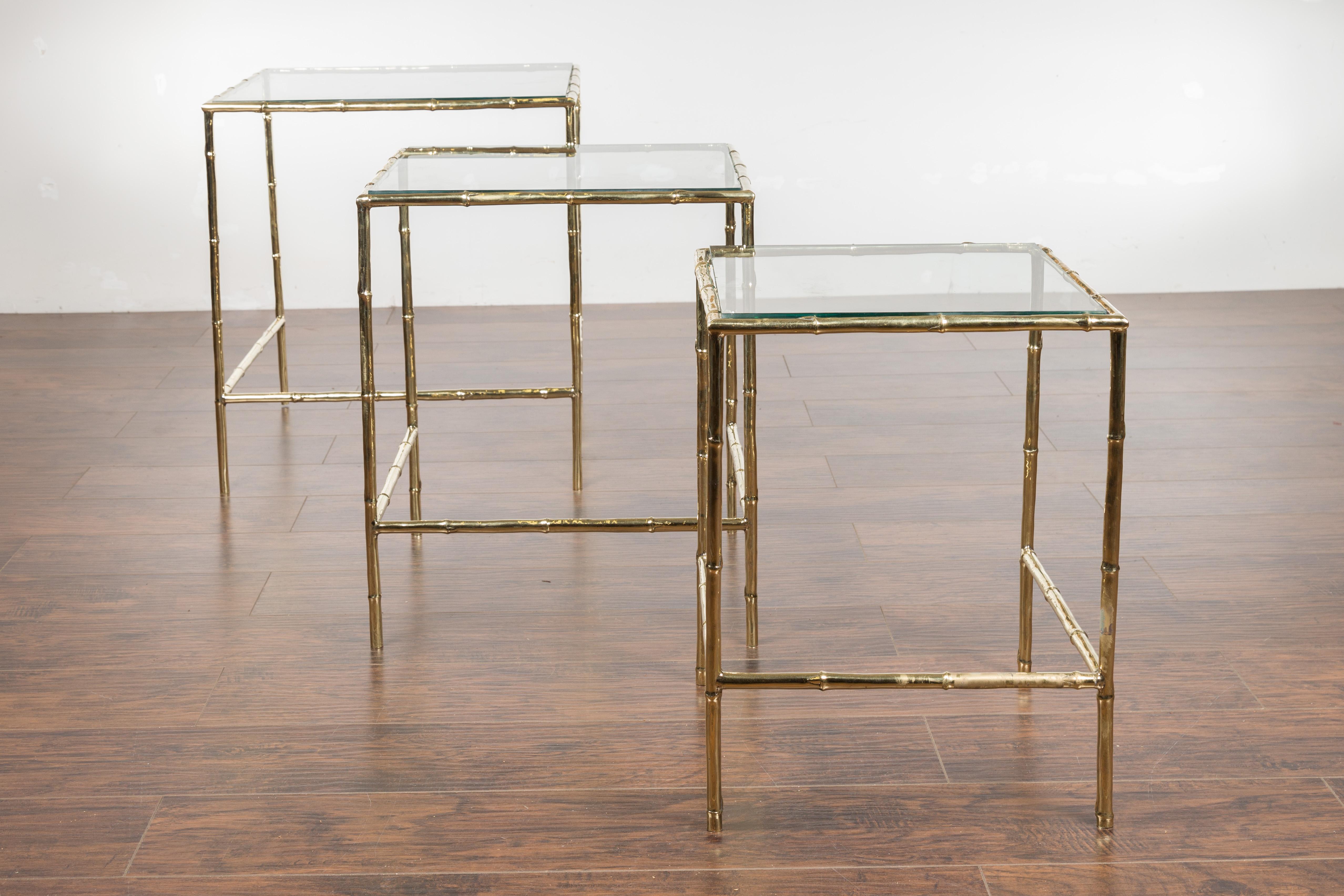 Set of Three French Midcentury Faux-Bamboo Brass and Glass Tops Nesting Tables For Sale 1