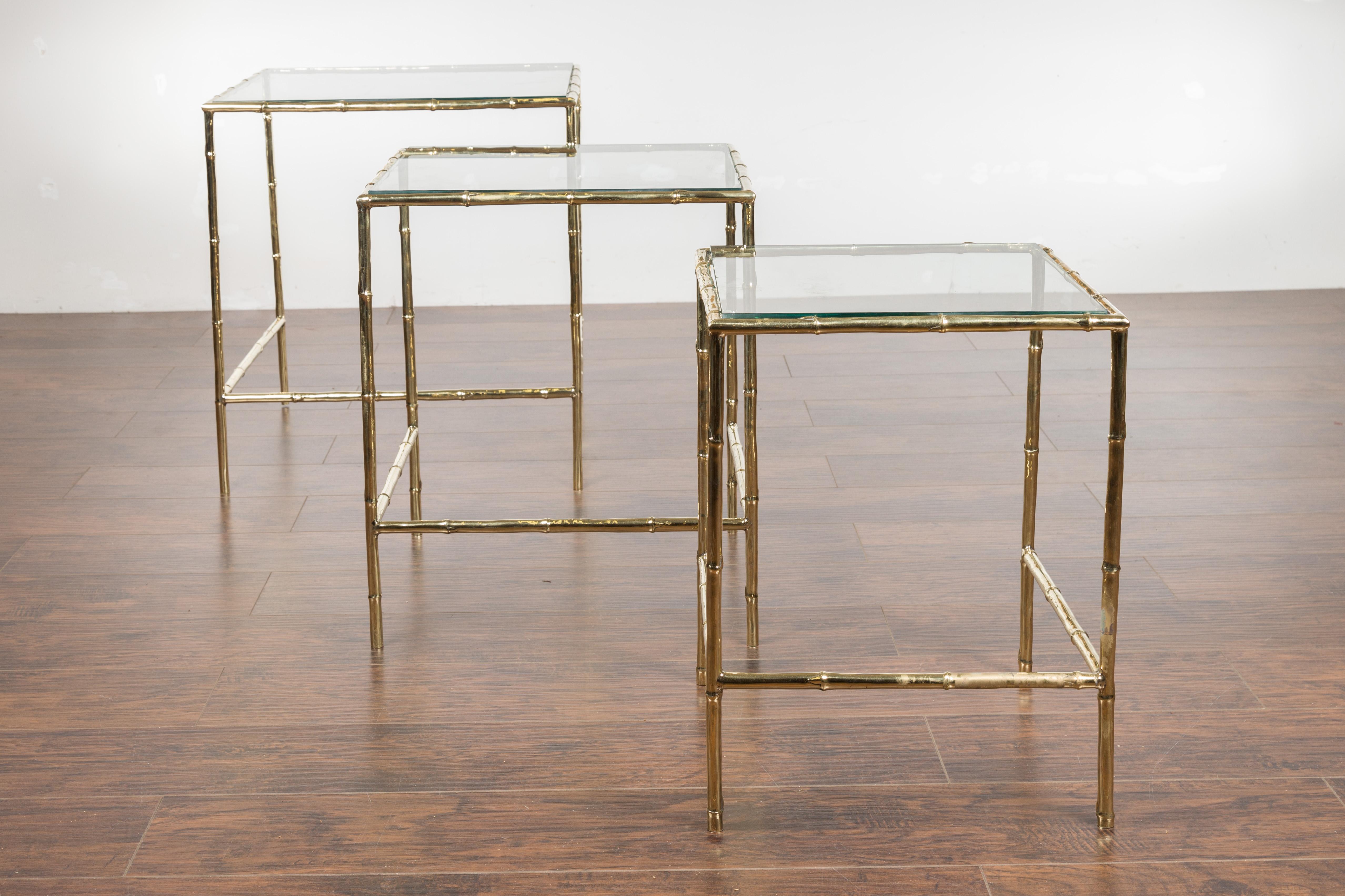 Set of Three French Midcentury Faux-Bamboo Brass and Glass Tops Nesting Tables For Sale 2