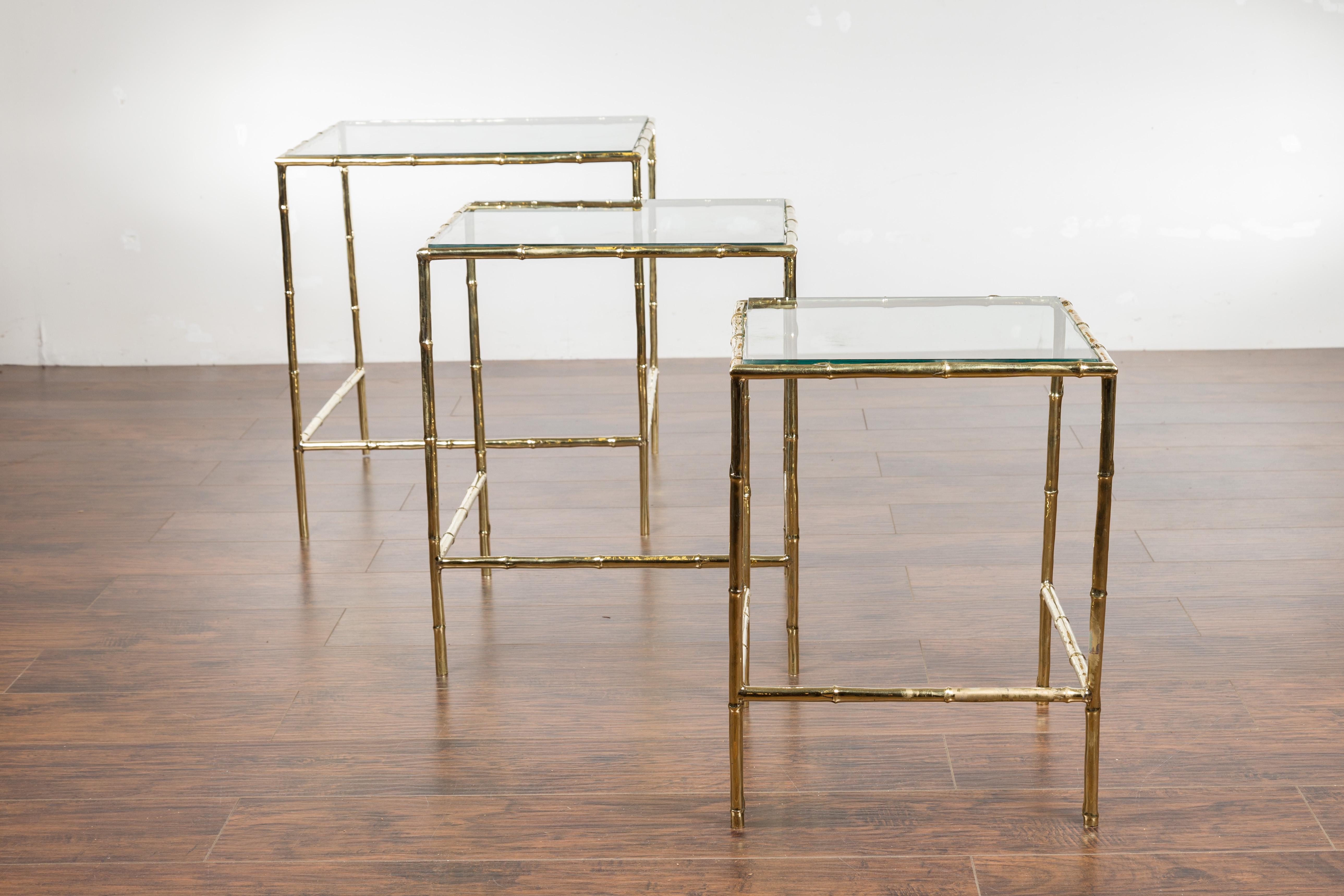 Set of Three French Midcentury Faux-Bamboo Brass and Glass Tops Nesting Tables For Sale 3