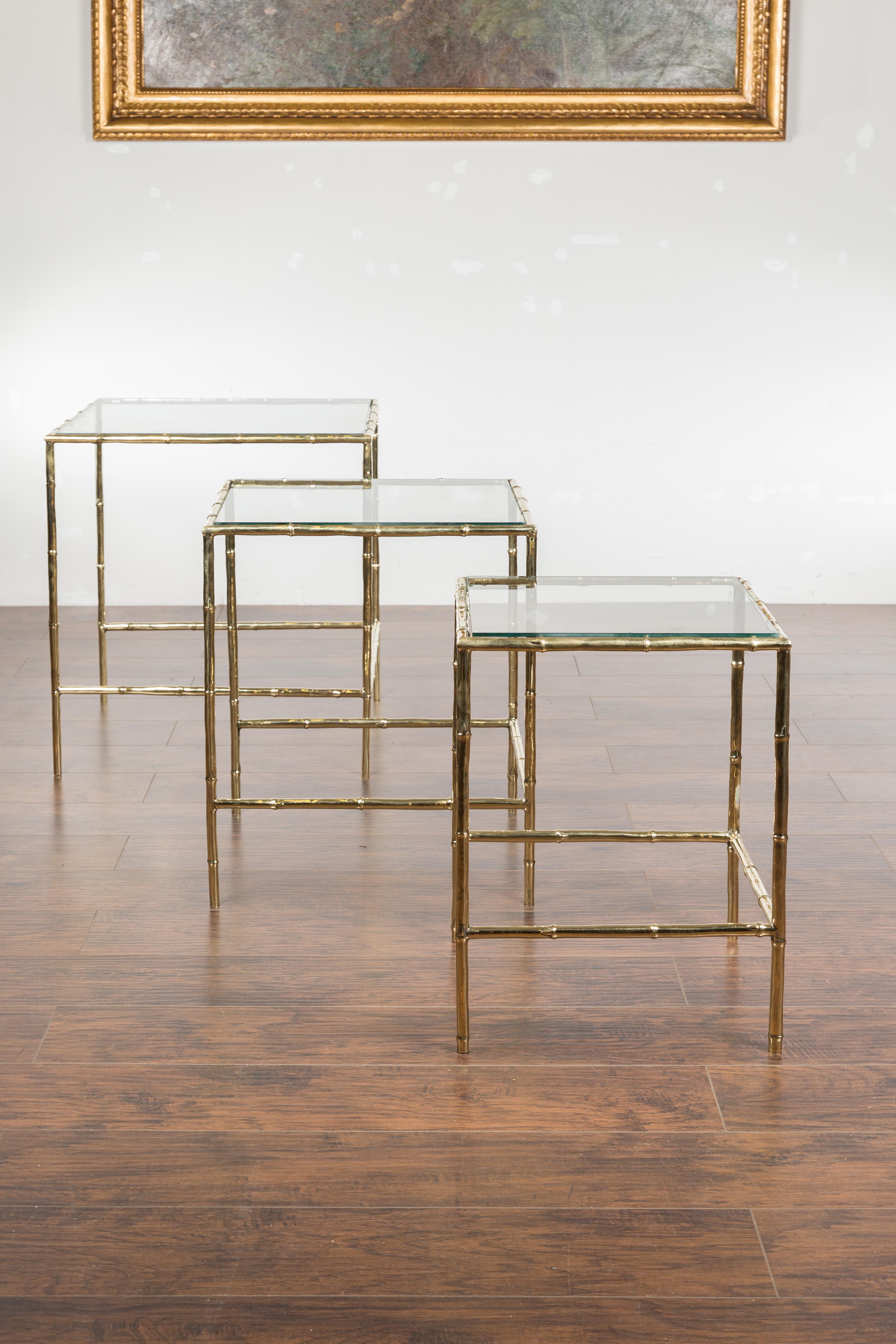 Set of Three French Midcentury Faux-Bamboo Brass and Glass Tops Nesting Tables For Sale 3