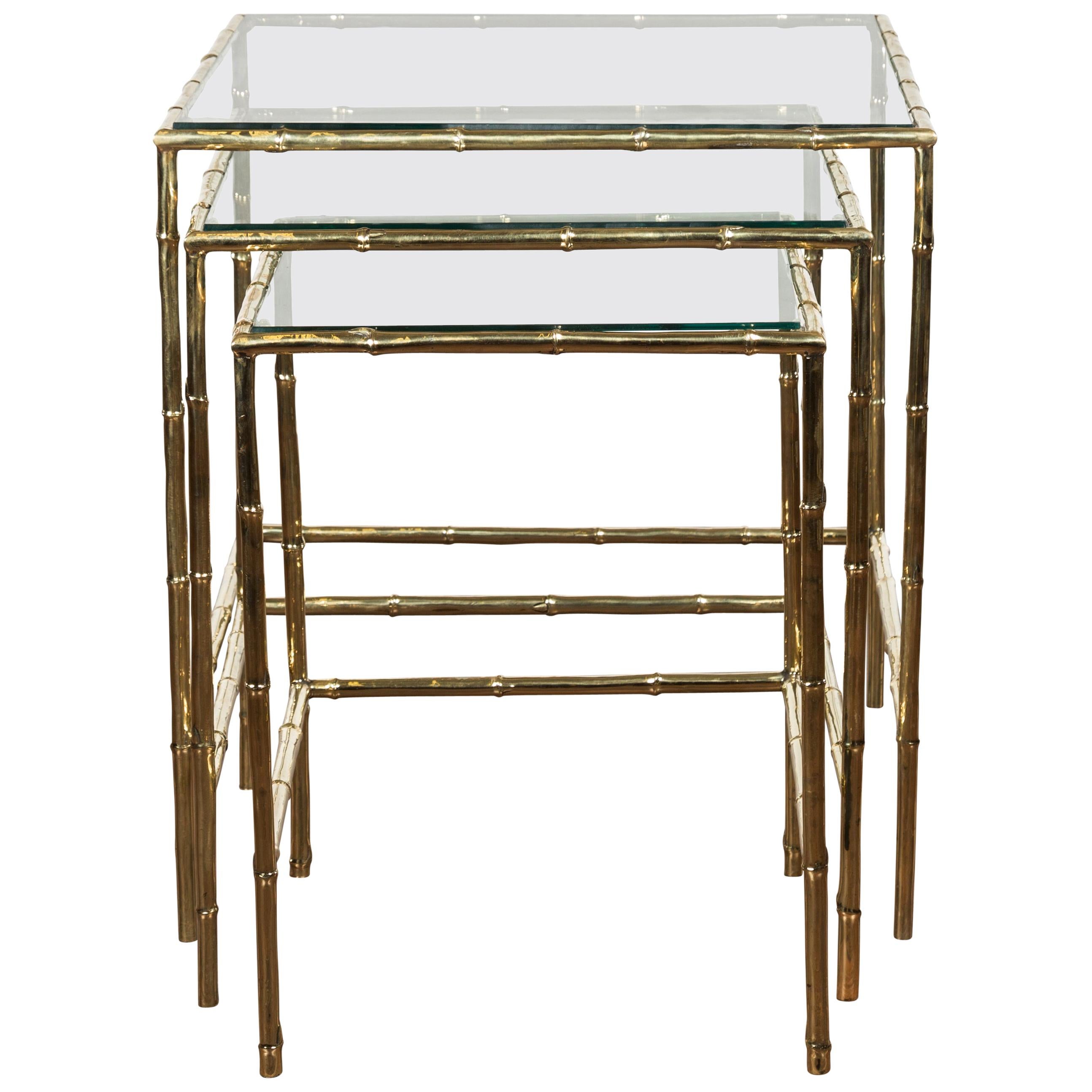 Set of Three French Midcentury Faux-Bamboo Brass and Glass Tops Nesting Tables