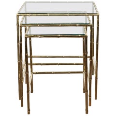 Set of Three French Midcentury Faux-Bamboo Brass and Glass Tops Nesting Tables