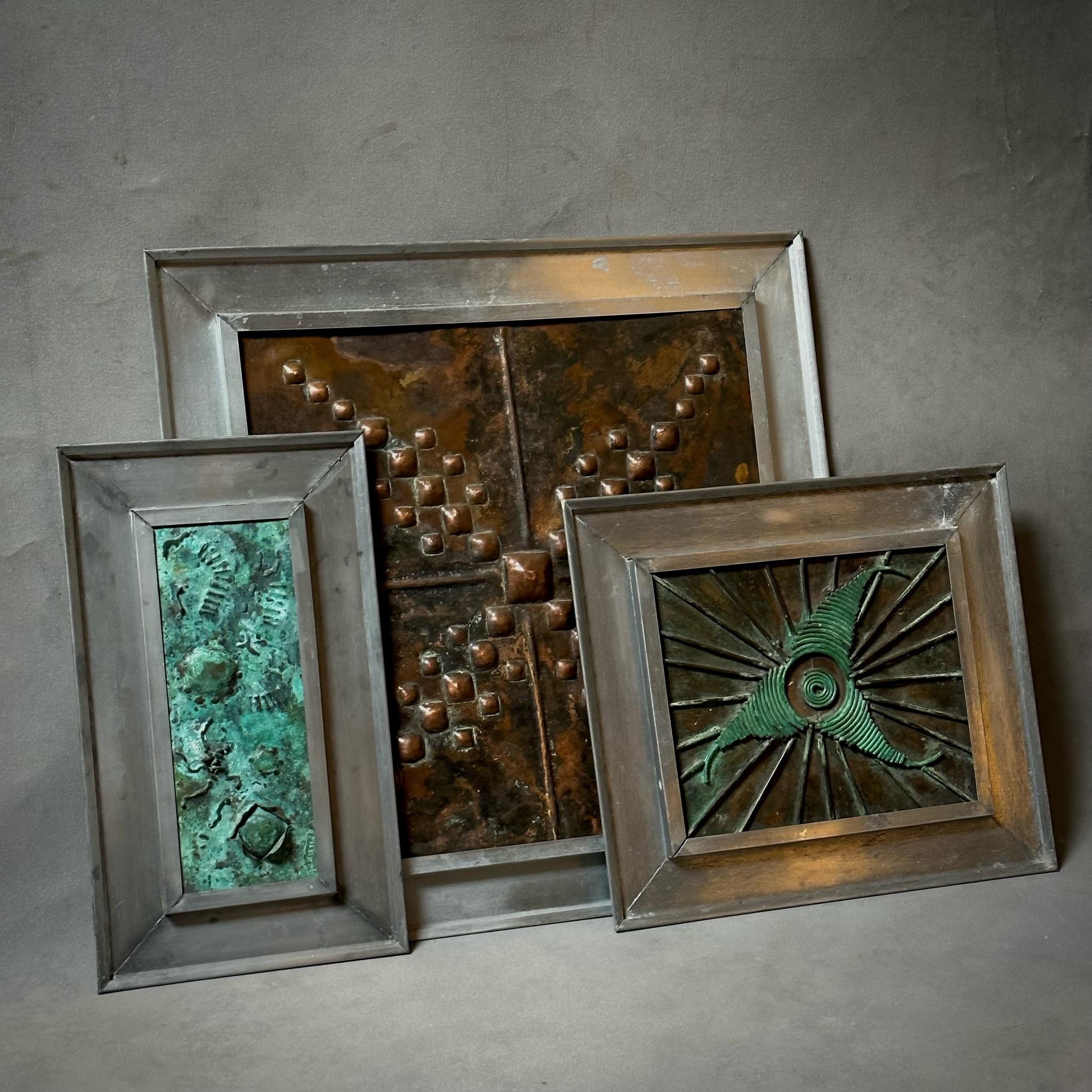 Set of Three French Mid-Century Framed Copper Art Panels In Good Condition For Sale In Los Angeles, CA