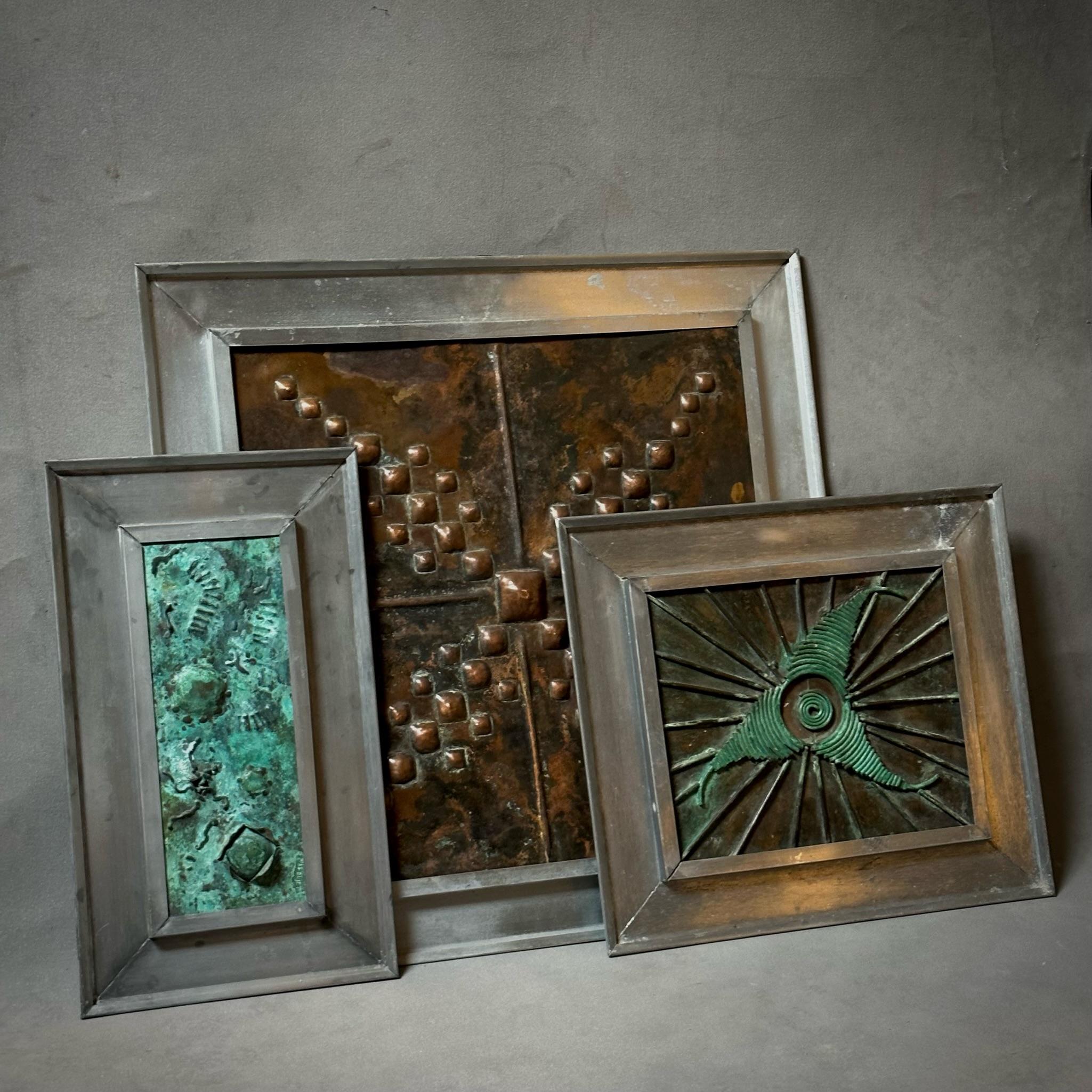 Set of Three French Mid-Century Framed Copper Art Panels For Sale 1