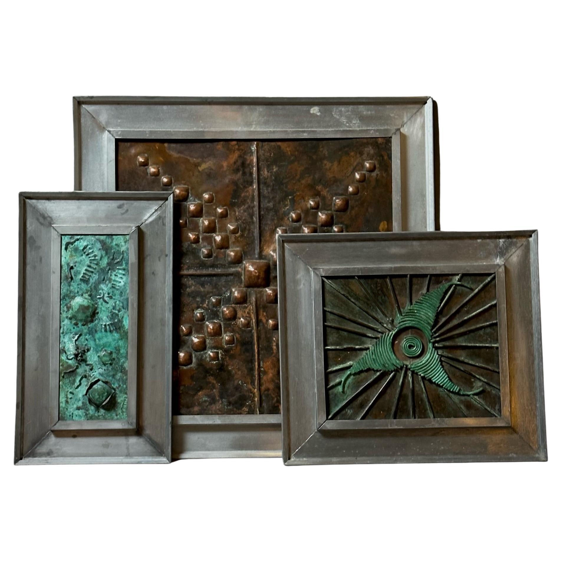Set of Three French Mid-Century Framed Copper Art Panels For Sale