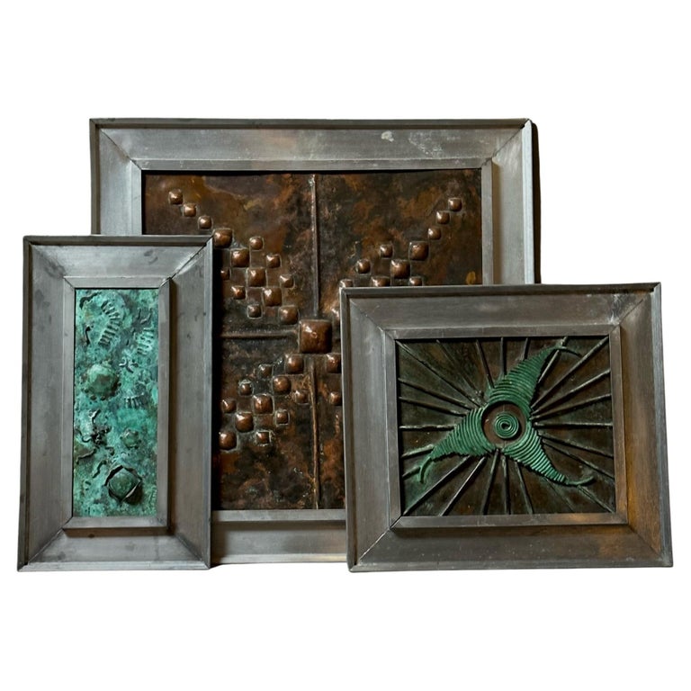 Set of Three French MidCentury Framed Copper Art Panels For Sale at 1stDibs
