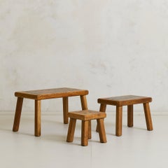 Set of Three French Oak Nesting Tables with Inset Stone Tops, 1960s