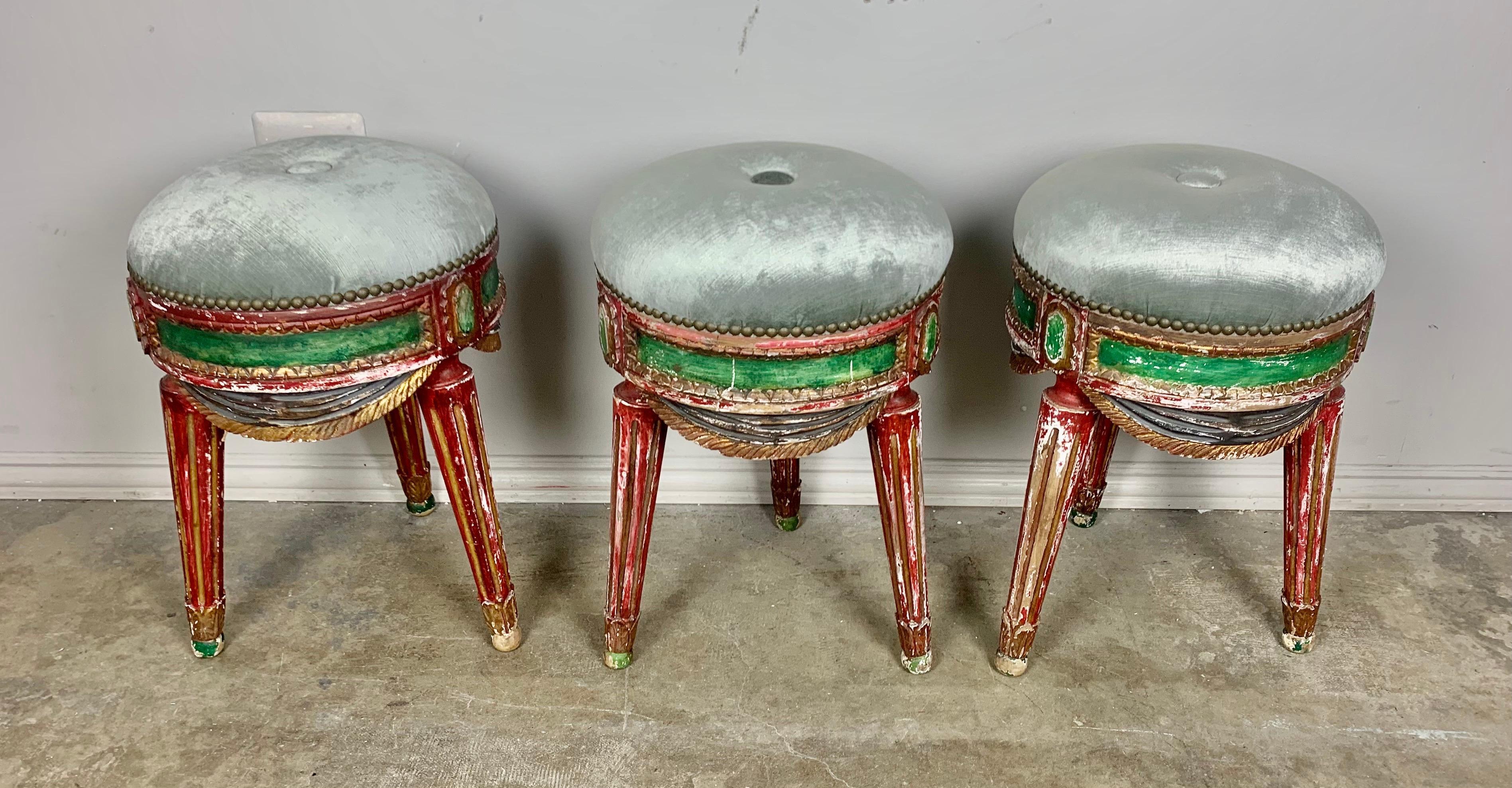 Louis XVI Set of Three French Painted Stools with Swags For Sale