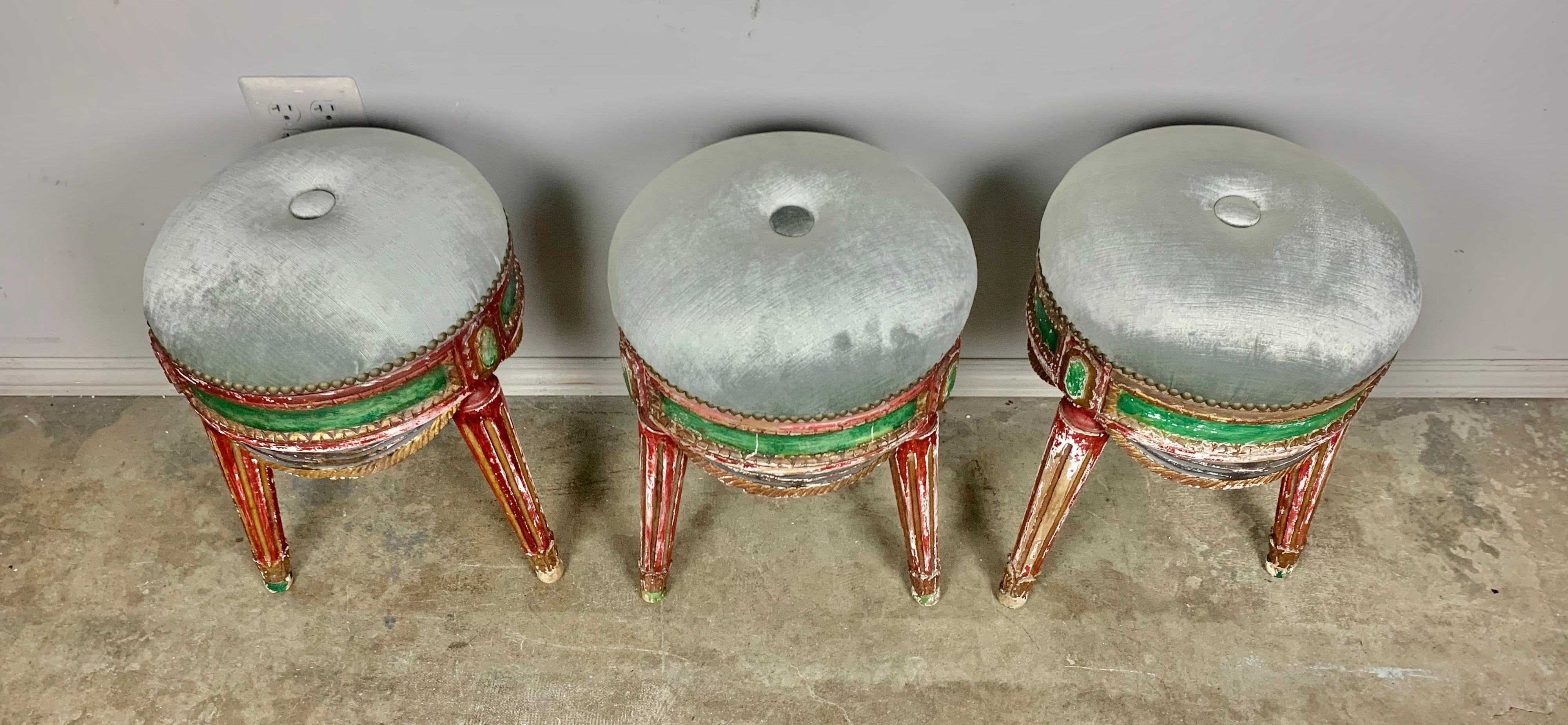 Italian Set of Three French Painted Stools with Swags For Sale